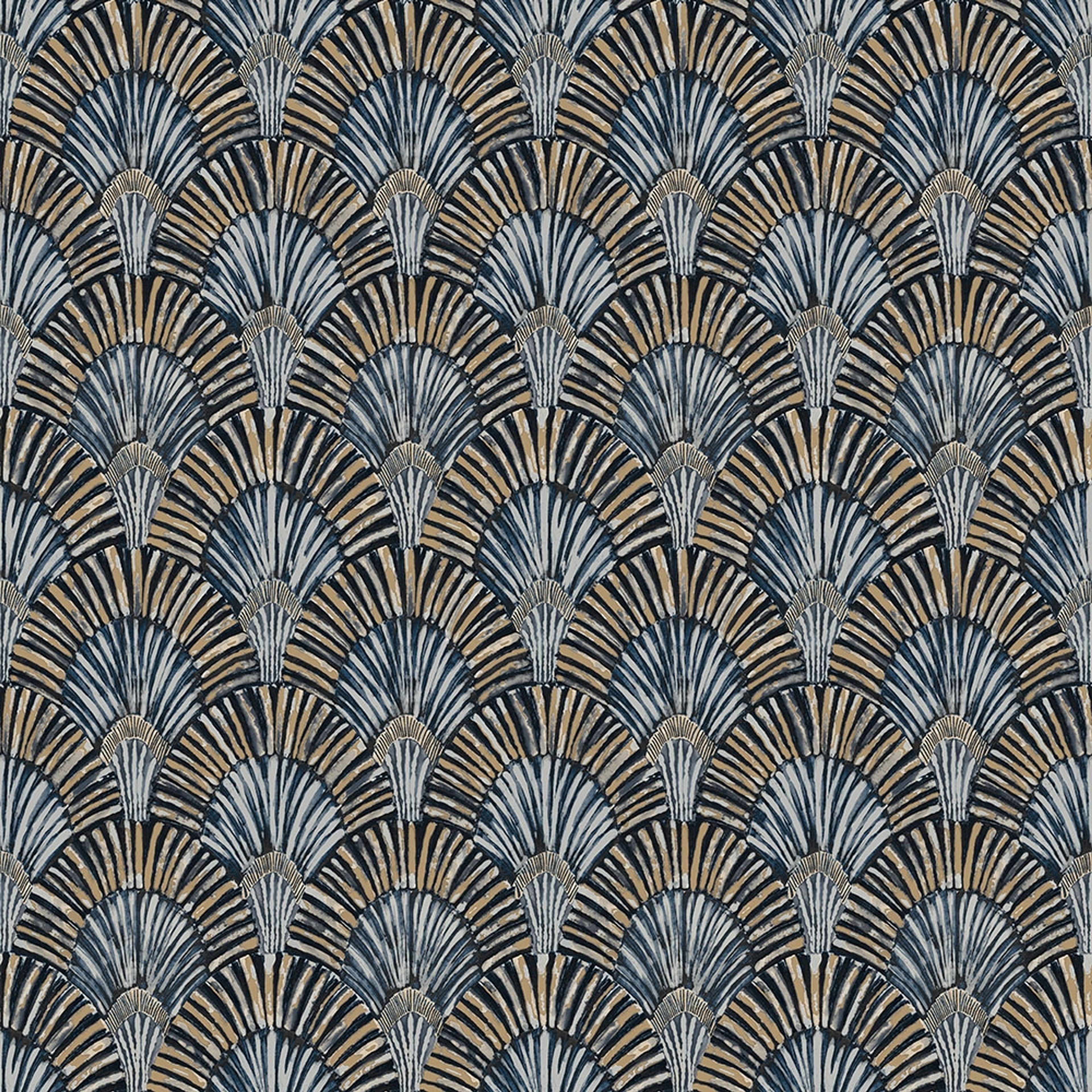 Deco Fan tapet i blå tapet med retro mönster i blå. Från kollektionen jungle fever. Nonwoven-material med förskjuten passning. Passar i vardagsrum och matsal.