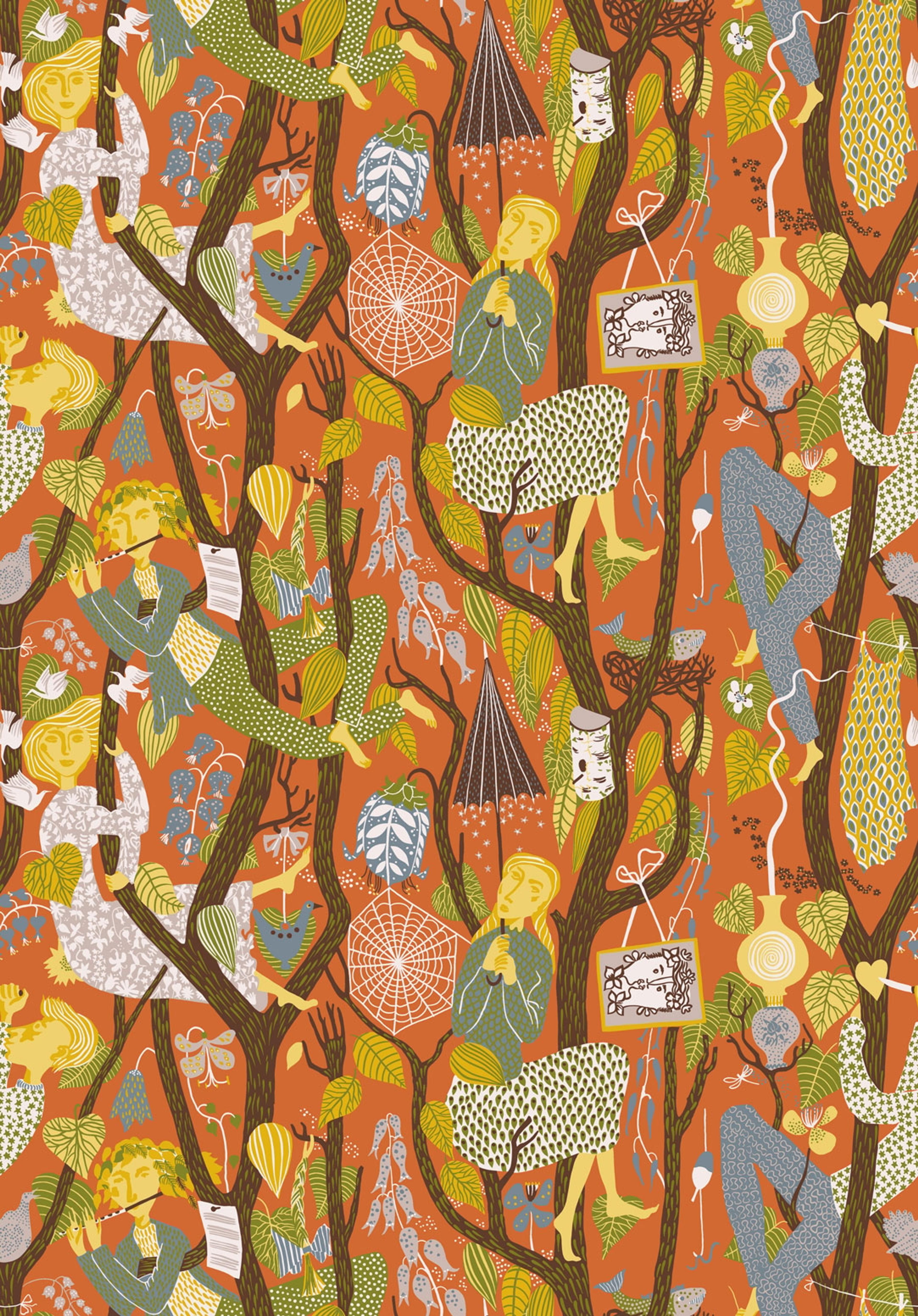 Melodi tapet från Boråstapeter med botaniskt, retro mönster i röd och gul. Från kollektionen Scandinavian Designers II. Nonwoven-material med rak passning. Vintage, lek-stil.