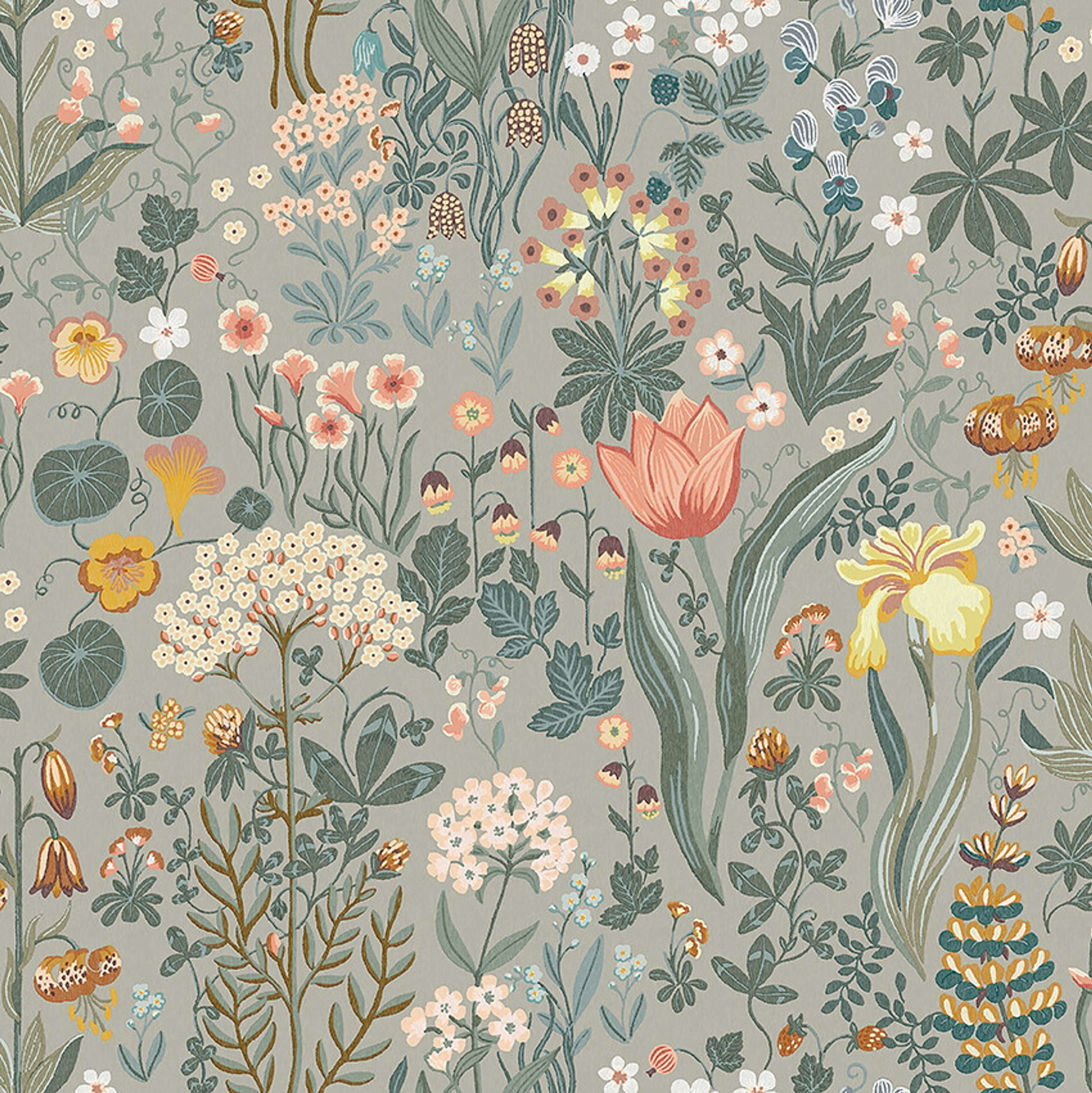 Blomsterhav tapet med botaniskt, blommigt mönster i grå. Från kollektionen New Heritage. Nonwoven-material med förskjuten passning.