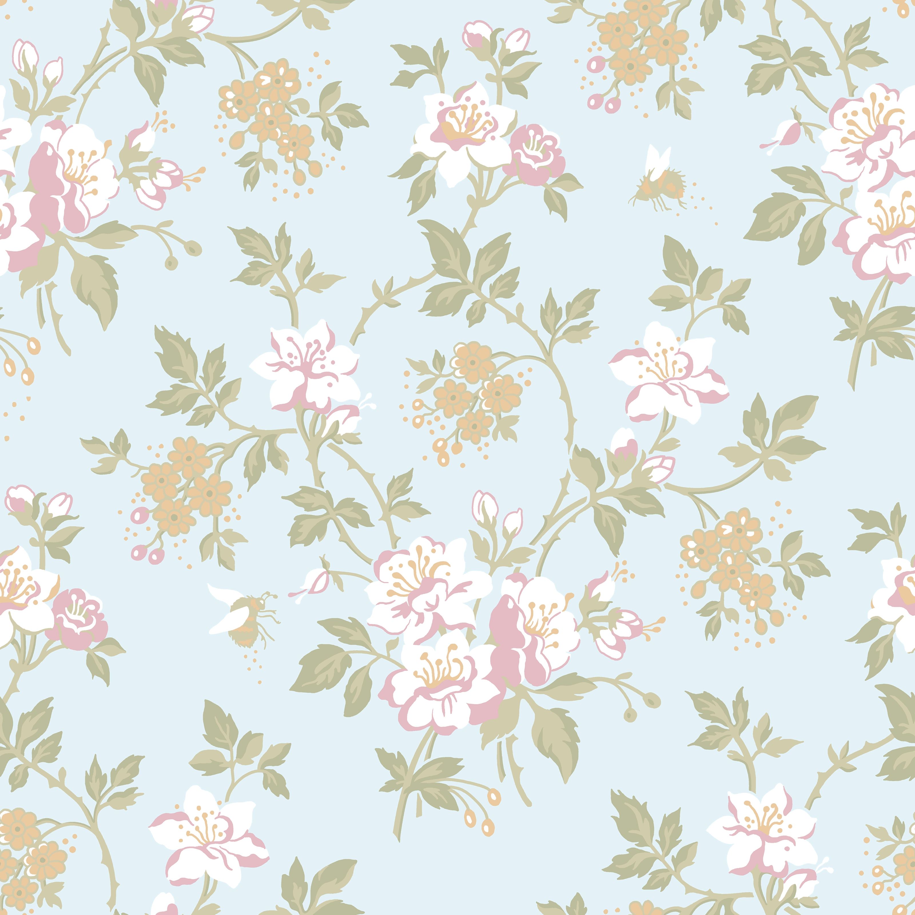 Ester Marias kammare, blå tapet från duro med blommigt mönster i blå. Från kollektionen Duro 1900. Nonwoven-material med rak passning. Country-stil.