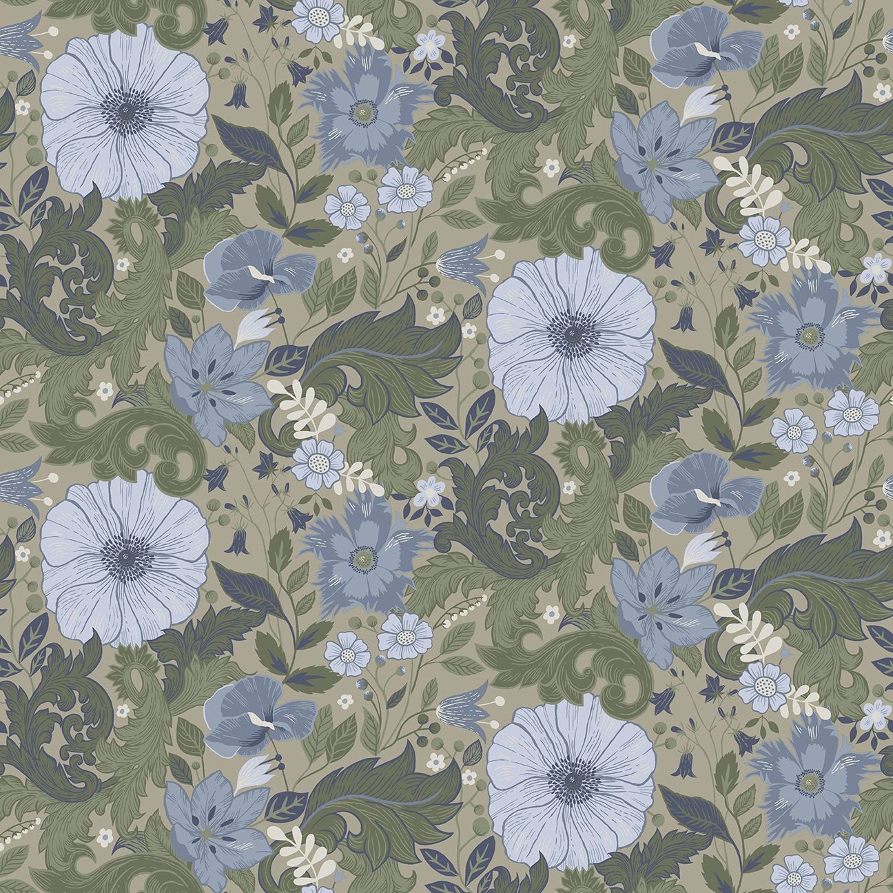 Victor tapet med blommigt mönster i blå. Från kollektionen Ängås. Nonwoven-material med rak passning.