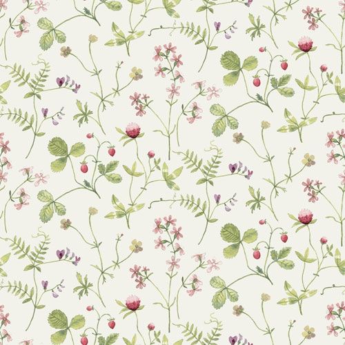 Julia ängsblommor i rosa, rött och gult tapet från Midbec med blommigt mönster i vit. Från kollektionen Morgongåva. Nonwoven-material med rak passning.
