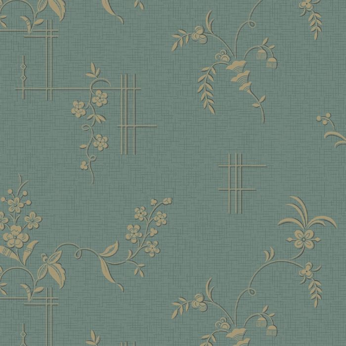 Ulricehamn tapet från Boråstapeter med blommigt mönster i guld och grön. Från kollektionen anno. Nonwoven-material med förskjuten passning. Lyx, city-stil. Passar i sovrum och matsal.