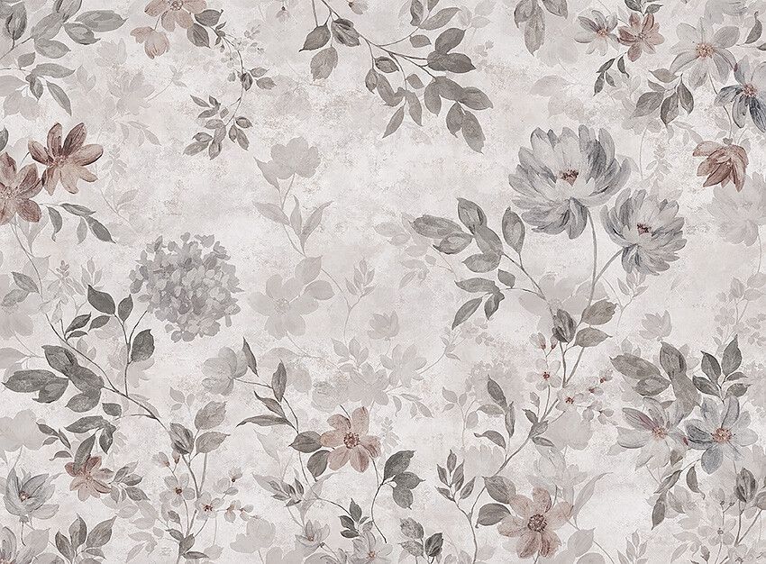 Florence Mural blommönster i dämpat grått tapet med blommigt mönster i vit. Från kollektionen Cottage Garden. Nonwoven-material med rak passning. Passar i vardagsrum, matsal och hall.