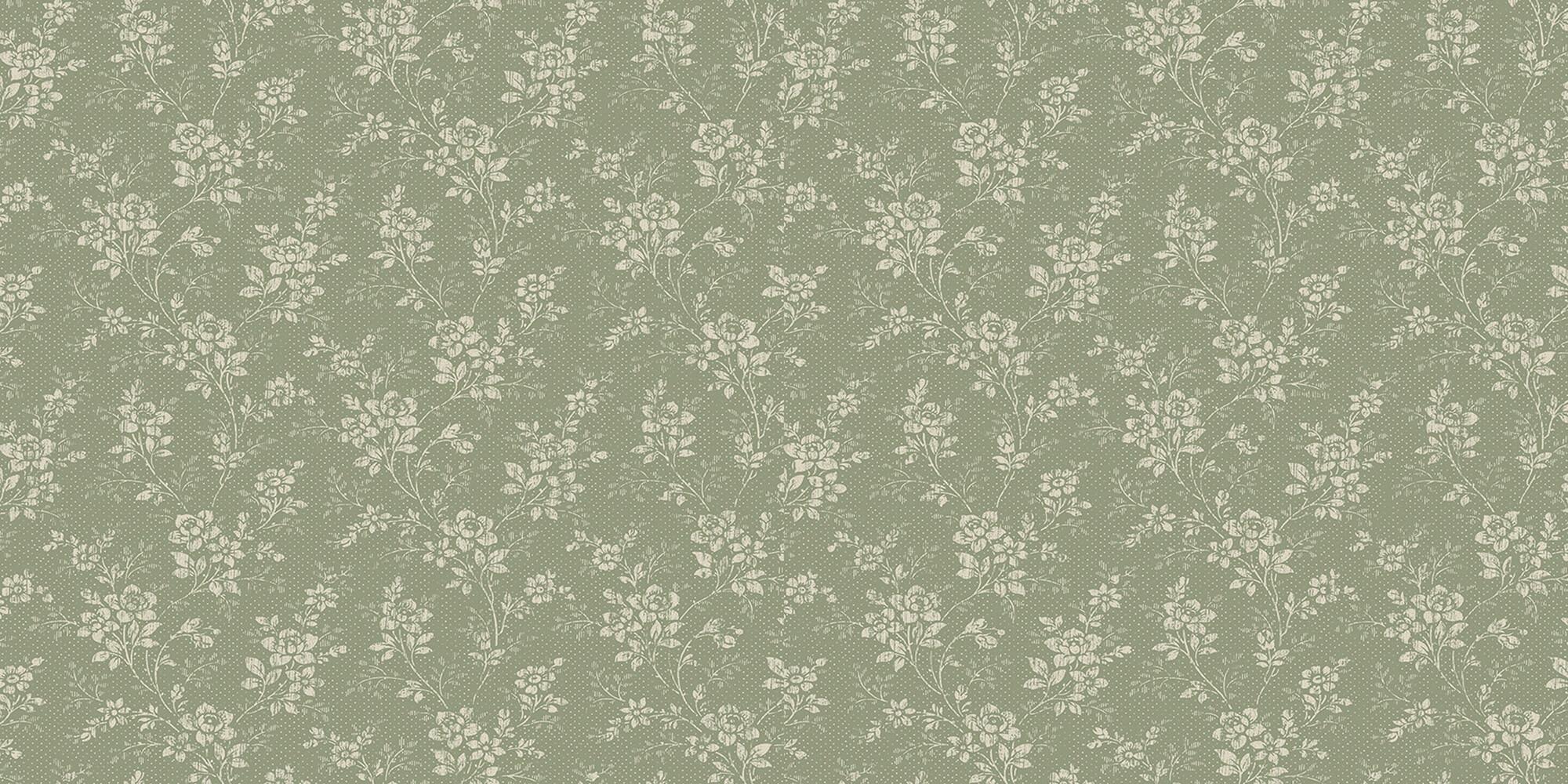 Hip Rose tapet med blommigt mönster i grön. Från kollektionen Woodland. Nonwoven-material med förskjuten passning.