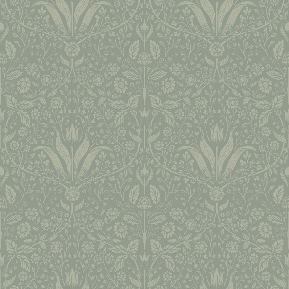 Mary tapet med botaniskt mönster i grön. Från kollektionen Fågelsång. Nonwoven-material med rak passning.