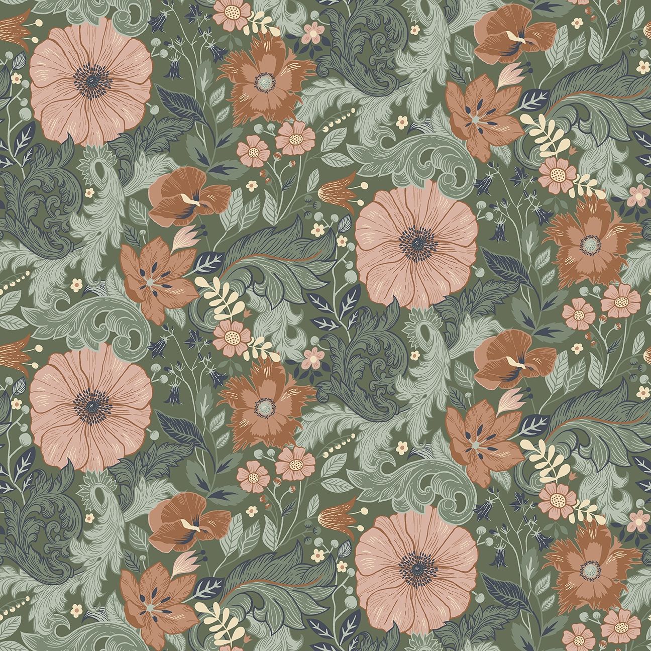 Victor tapet med blommigt mönster i rosa. Från kollektionen Ängås. Nonwoven-material med rak passning.