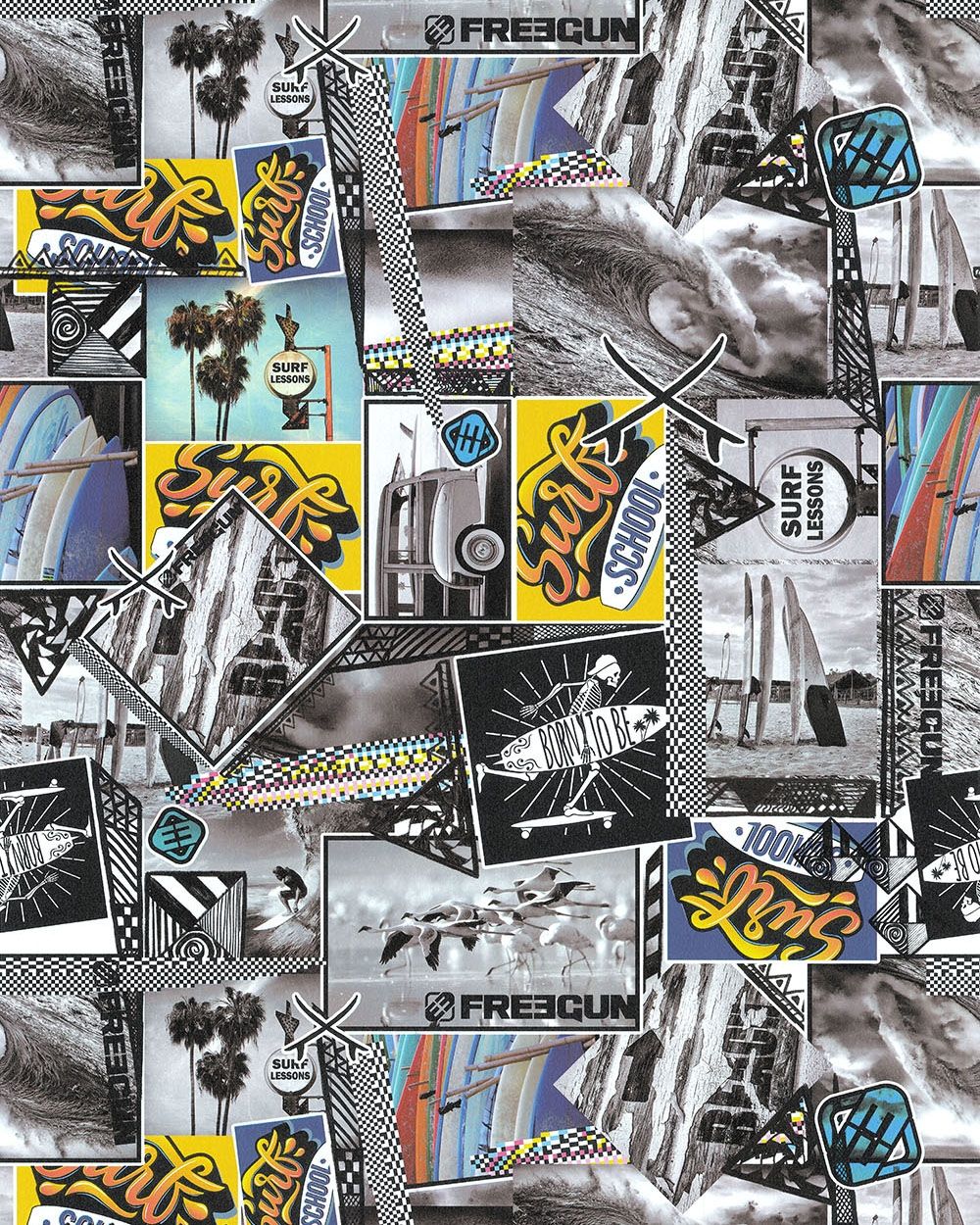 free gun surf tapet med text mönster i grå. Från kollektionen les aventures. Nonwoven-material med rak passning. Passar i vardagsrum och matsal.