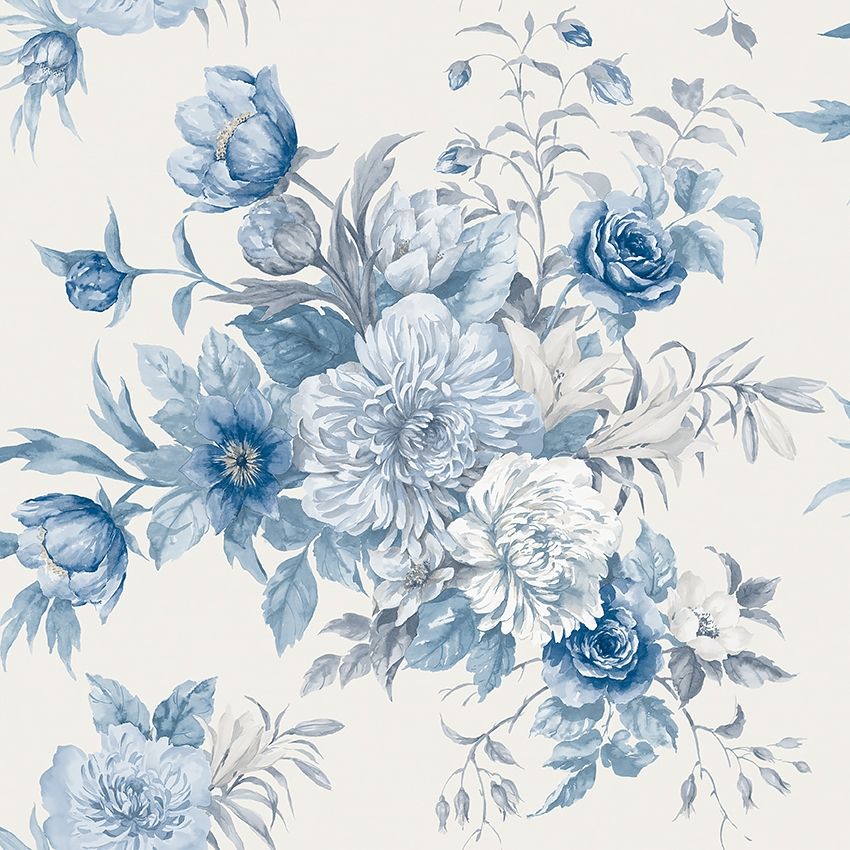 Floral Charm, tapet tapet med blommigt mönster i vit och blå. Från kollektionen Blue & White. Nonwoven-material med förskjuten passning. Passar i sovrum.