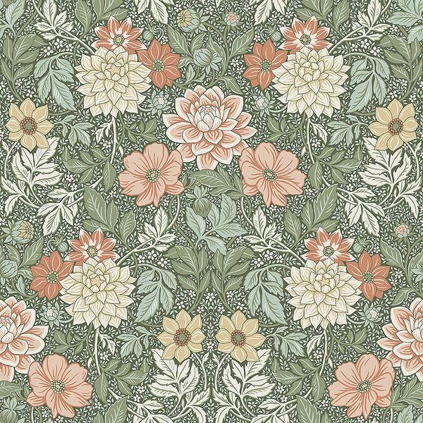 Dahlia Garden tapet från Boråstapeter med blommigt mönster i grön. Från kollektionen Falsterbo III. Nonwoven-material med rak passning. Country-stil.
