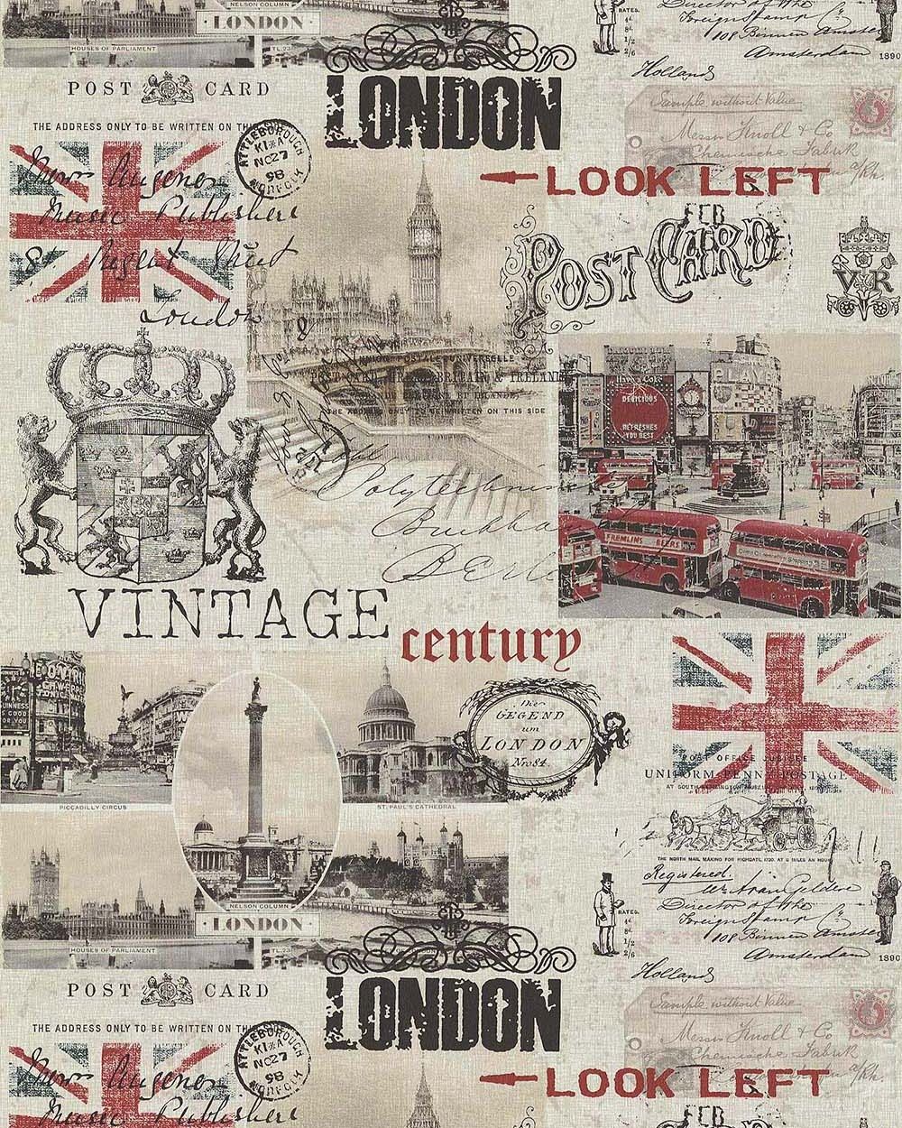 london postcard tapet med city mönster i beige. Från kollektionen les aventures. Papper-material med fri passning. Passar i vardagsrum och matsal.