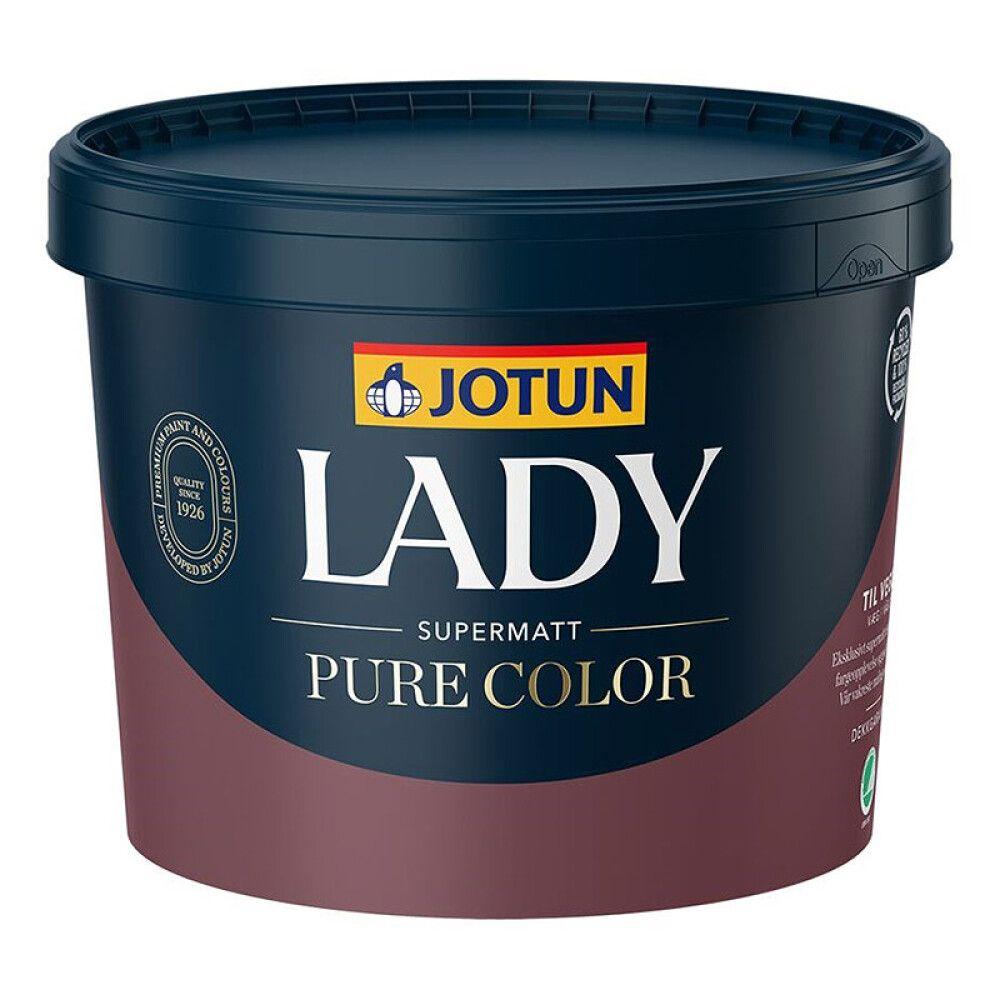 A dark blue and maroon Jotun Lady Supermatt Pure Color paint can.