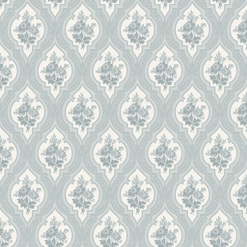 Eternal Flower tapet tapet med blommigt, trellis mönster i blå. Från kollektionen Dreamy Escape. Nonwoven-material med förskjuten passning. Passar i vardagsrum och matsal.