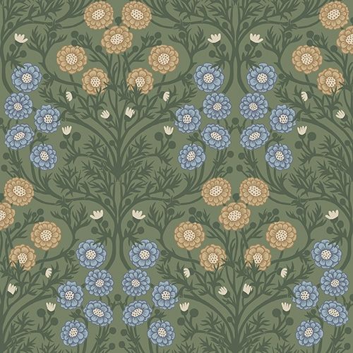 Bellis små blommor, mörkgrön tapet från Midbec med botaniskt mönster i grön. Från kollektionen Ekbacka. Nonwoven-material med förskjuten passning.