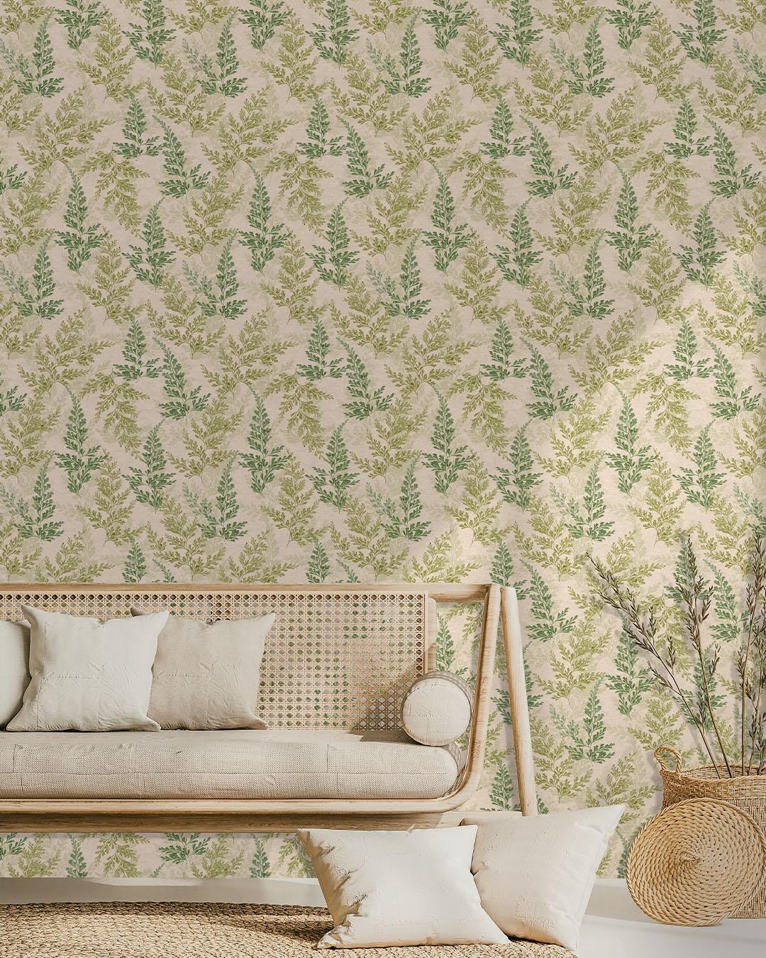 Wild herbs grön, tapet tapet med botaniskt mönster i beige. Från kollektionen Herbarium. Nonwoven-material med rak passning.