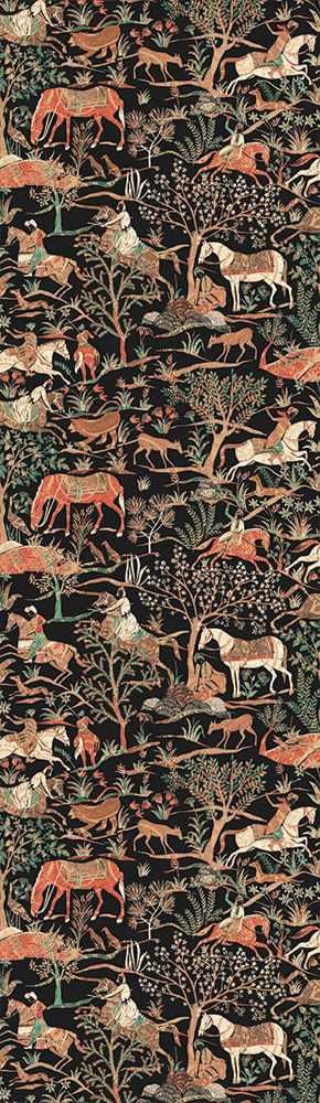 Marwari Teal tapet med djur, botaniskt mönster i svart. Från kollektionen Summer. Nonwoven-material.