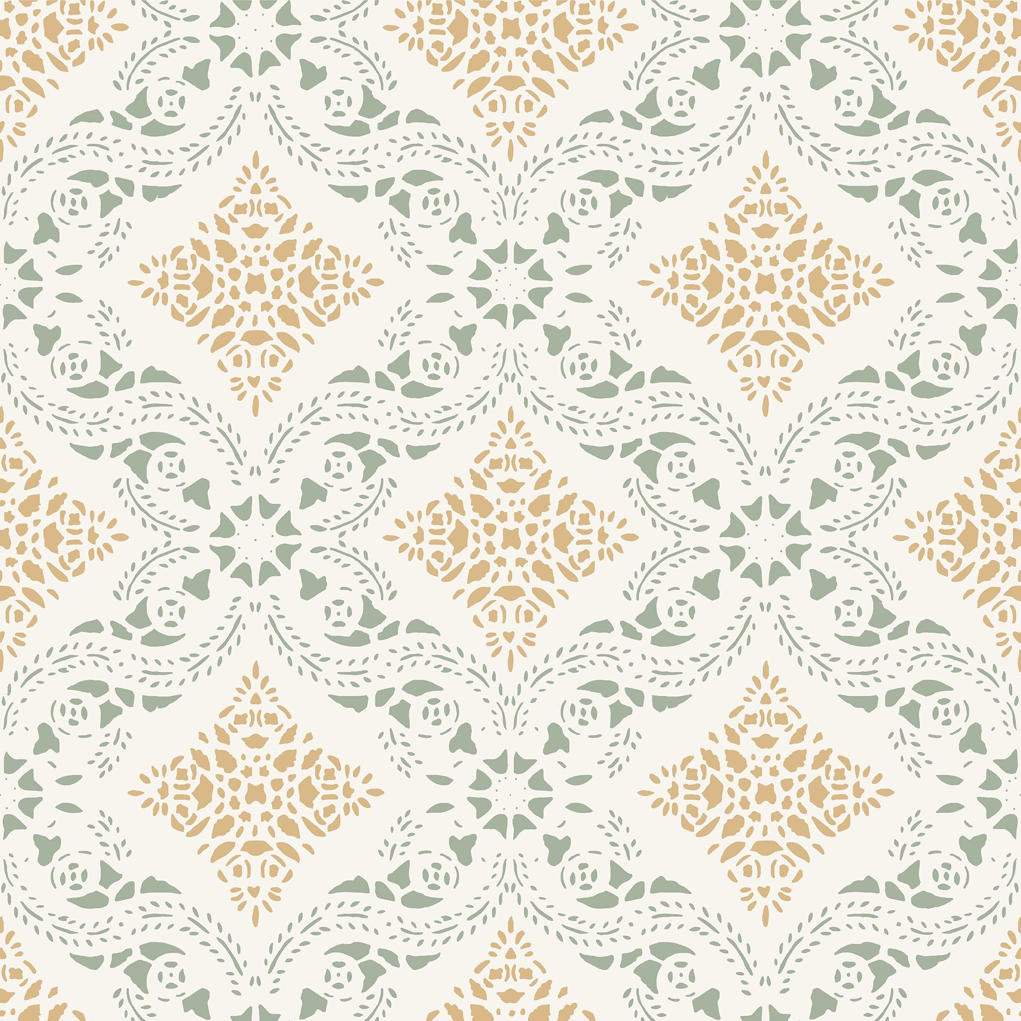 Dahlströmskagården, Gul tapet från duro med medaljonger mönster i gul. Från kollektionen Gammalsvenska QuickUp. Nonwoven-material med rak passning.