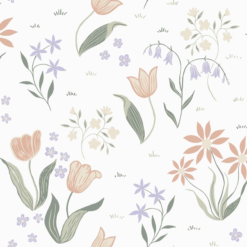 Tulpandans, vit tapet tapet med blommigt mönster i vit. Från kollektionen Långenäs. Nonwoven-material med förskjuten passning.