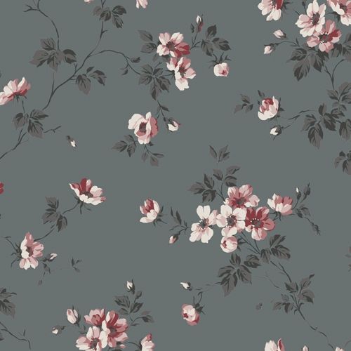 Kristina, mörkgrå tapet tapet med blommigt mönster i grå. Från kollektionen Hav & Land. Nonwoven-material med förskjuten passning.