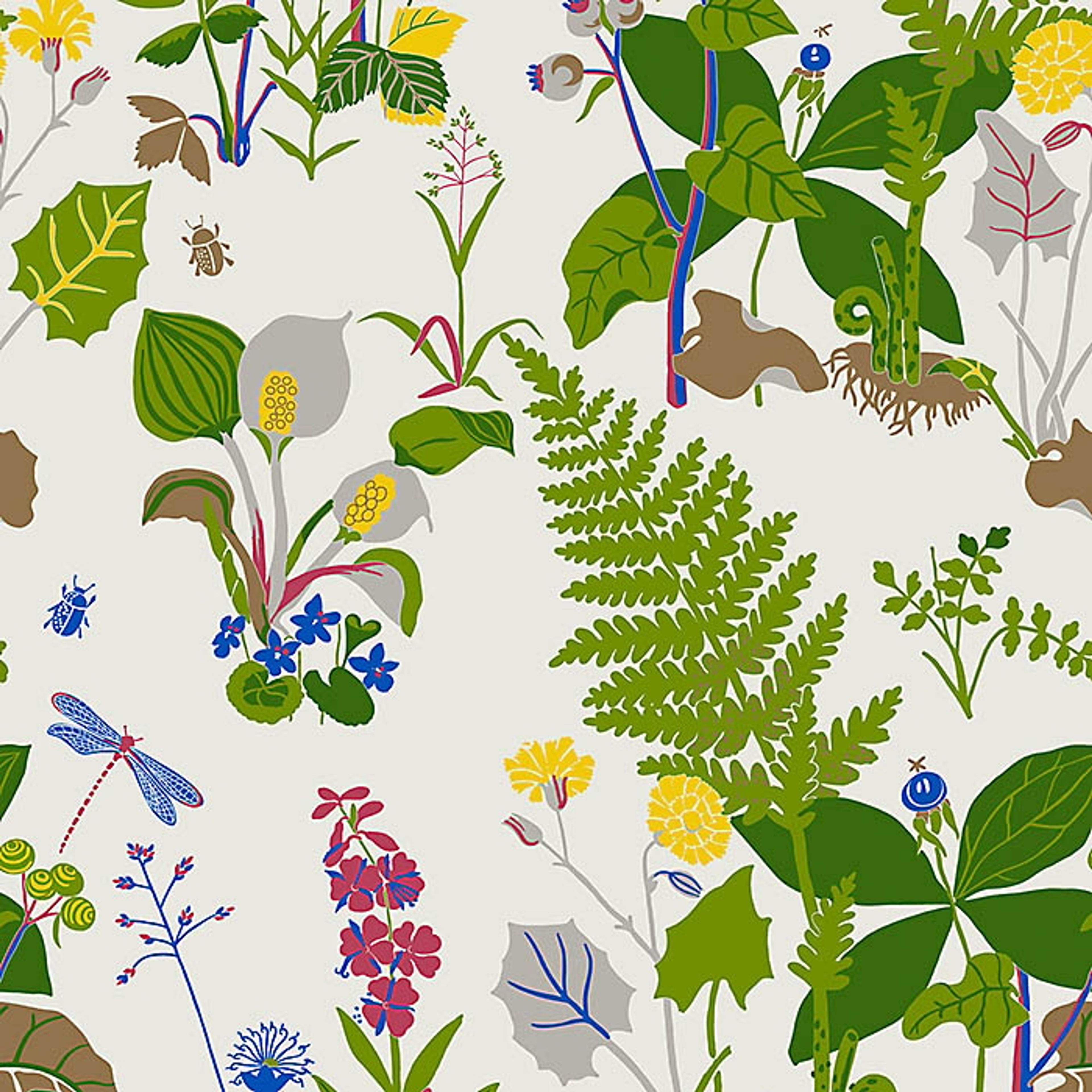Trollslända tapet från Boråstapeter med botaniskt, retro mönster i vit och grön. Från kollektionen Scandinavian Designers II. Nonwoven-material med rak passning. Country-stil.