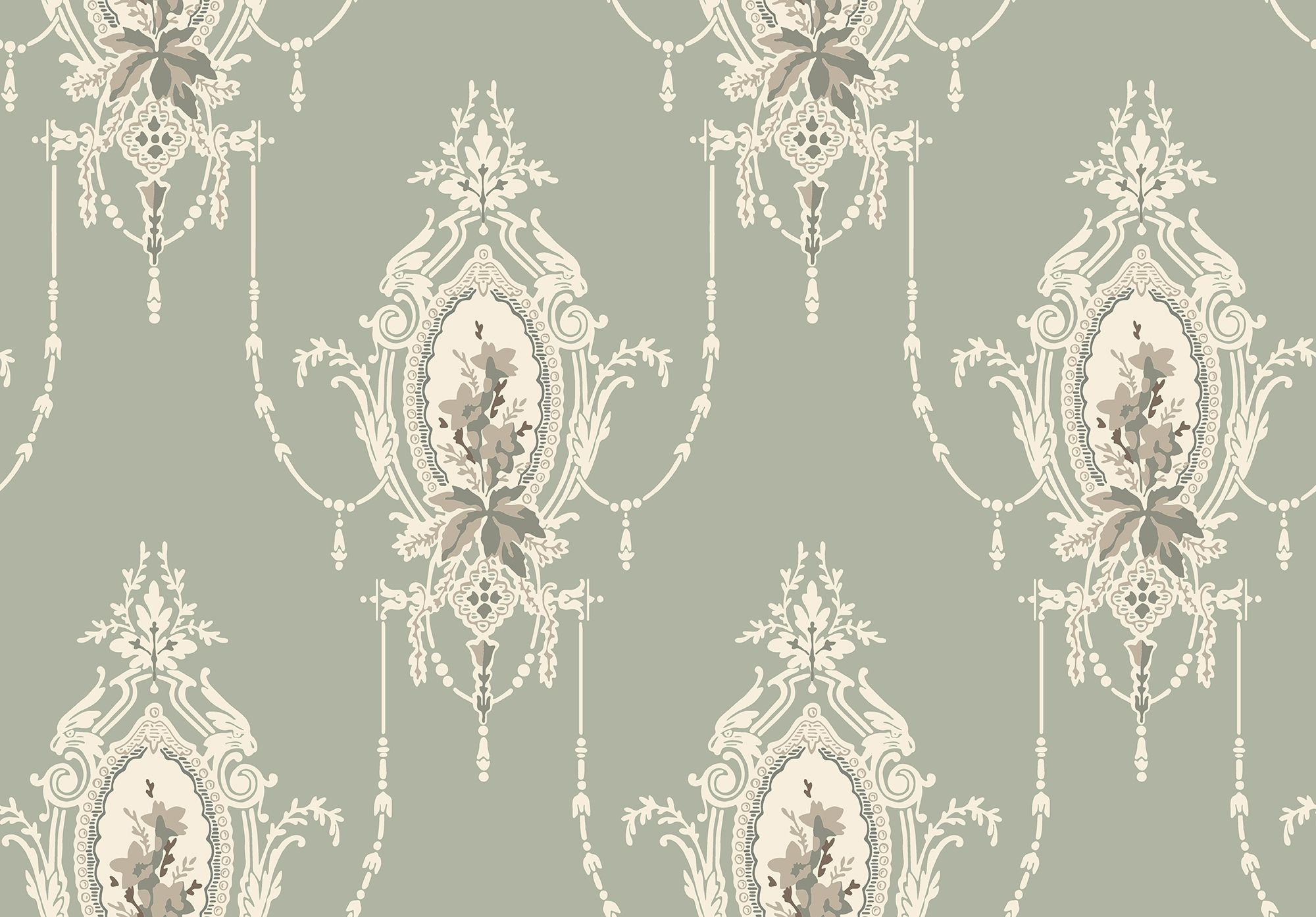 Edsbyn Grön tapet med medaljonger mönster i grön. Från kollektionen Gammalsvenska klassiker 1850–1950. Nonwoven-material med rak passning. City-stil. Passar i vardagsrum och matsal.