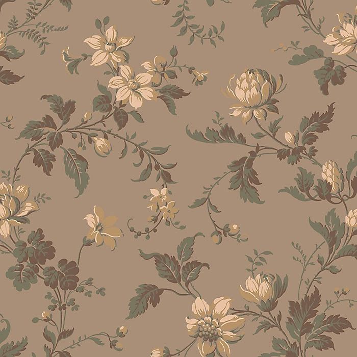 Blomslinga, ljusbrun botten tapet från Boråstapeter med blommigt mönster i grön och brun. Från kollektionen anno. Nonwoven-material med förskjuten passning. Passar i sovrum och matsal.