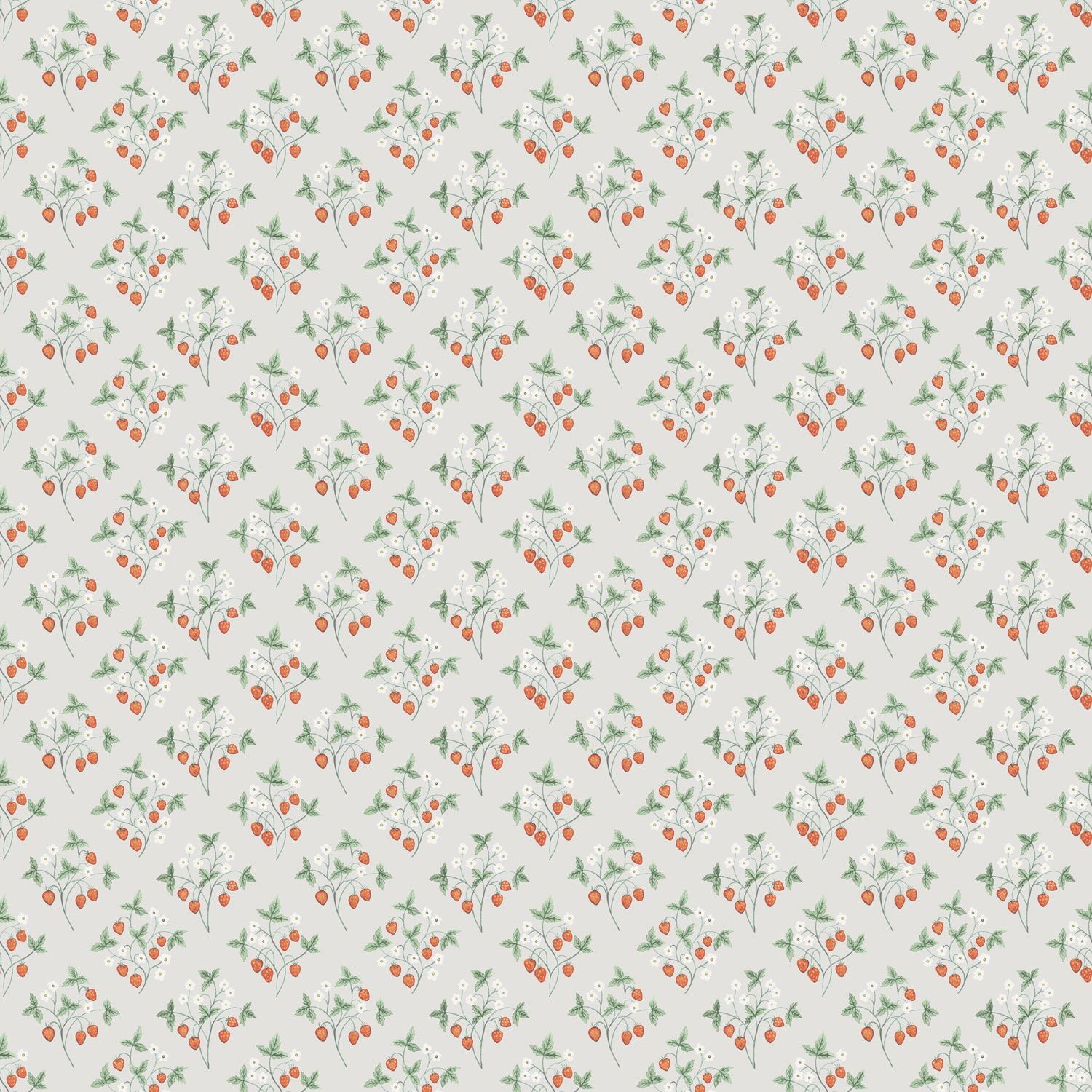 Jordgubb tapet med botaniskt mönster i röd och grå. Från kollektionen Rosenlycka. Nonwoven-material med rak passning. Country-stil. Passar i vardagsrum, sovrum och matsal.
