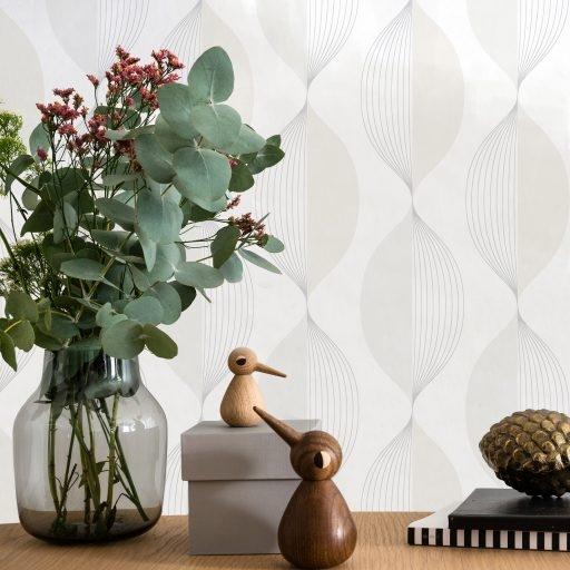 Ellips, Vit tapet från duro med geometriskt mönster i vit och beige. Från kollektionen Natur. Nonwoven-material med rak passning. Vintage-stil.