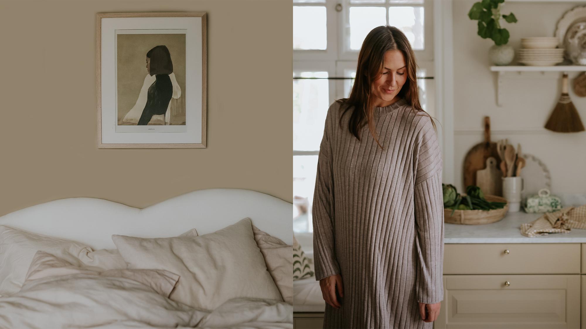 A split image showing a bedroom with beige bedding and a framed print, alongside a woman in a ribbed dress in a cozy kitchen.