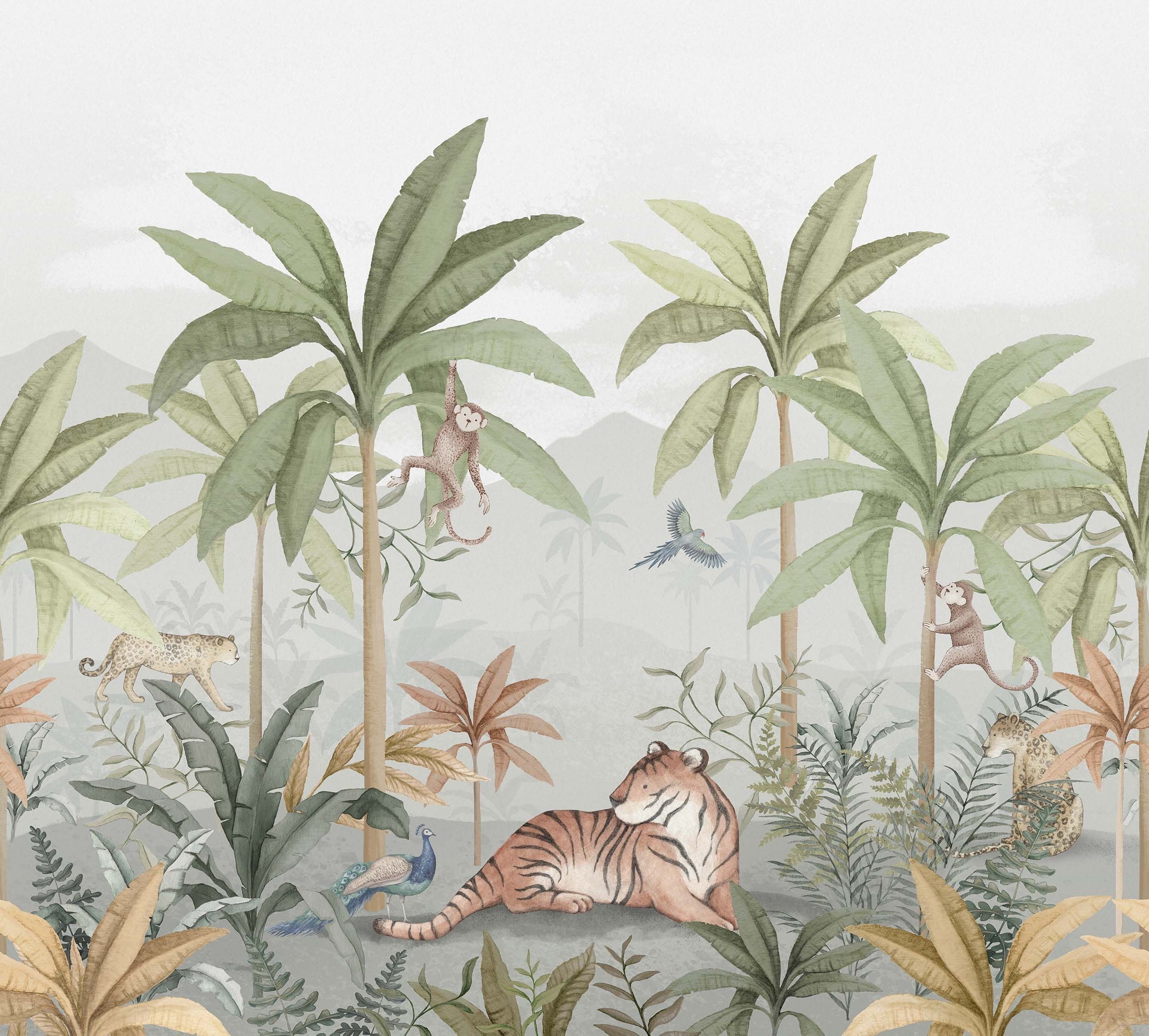 Wild Jungle Mural, tapet tapet med botaniskt mönster i grön. Från kollektionen Newbie II Wallpaper. Nonwoven-material med rak passning. Passar i barnrum.