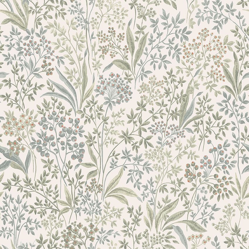 Nocturne slingrande bladverk, roströd/cremevit tapet med botaniskt mönster i grön. Från kollektionen Vårt Arkiv. Nonwoven-material med rak passning.