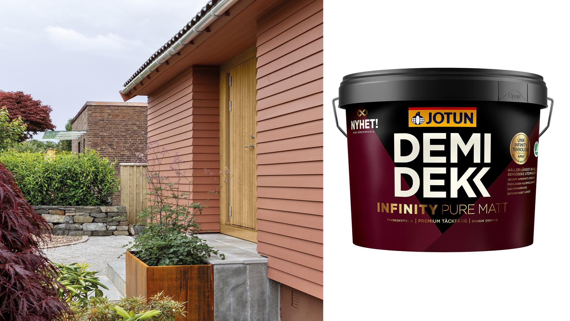 A modern house with reddish-brown siding and a wooden door, next to a Jotun Demi Dekk Infinity Pure Matt paint bucket.