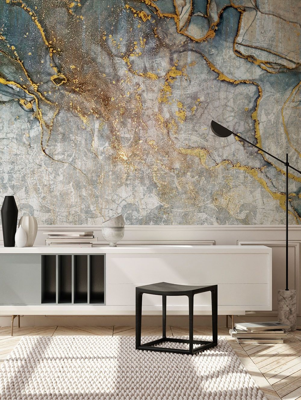 Alena digitaltapet i blå och grå tapet med digitalfoto mönster i blå. Från kollektionen metropolitan stories 2. Nonwoven-material med fri passning. Passar i vardagsrum och matsal.