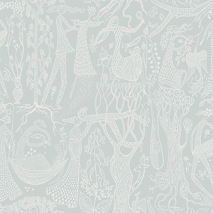 Poème d´amour, ljusgrön tapet från Boråstapeter med grafiskt, retro mönster i grå och grön. Från kollektionen Scandinavian Designers II. Nonwoven-material med förskjuten passning. Vintage, lek, city-stil.