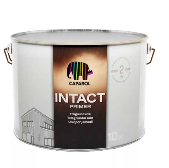 A 10-liter white can of Caparol Intact Primer for outdoor wood, featuring an elephant logo and a house illustration on the label.