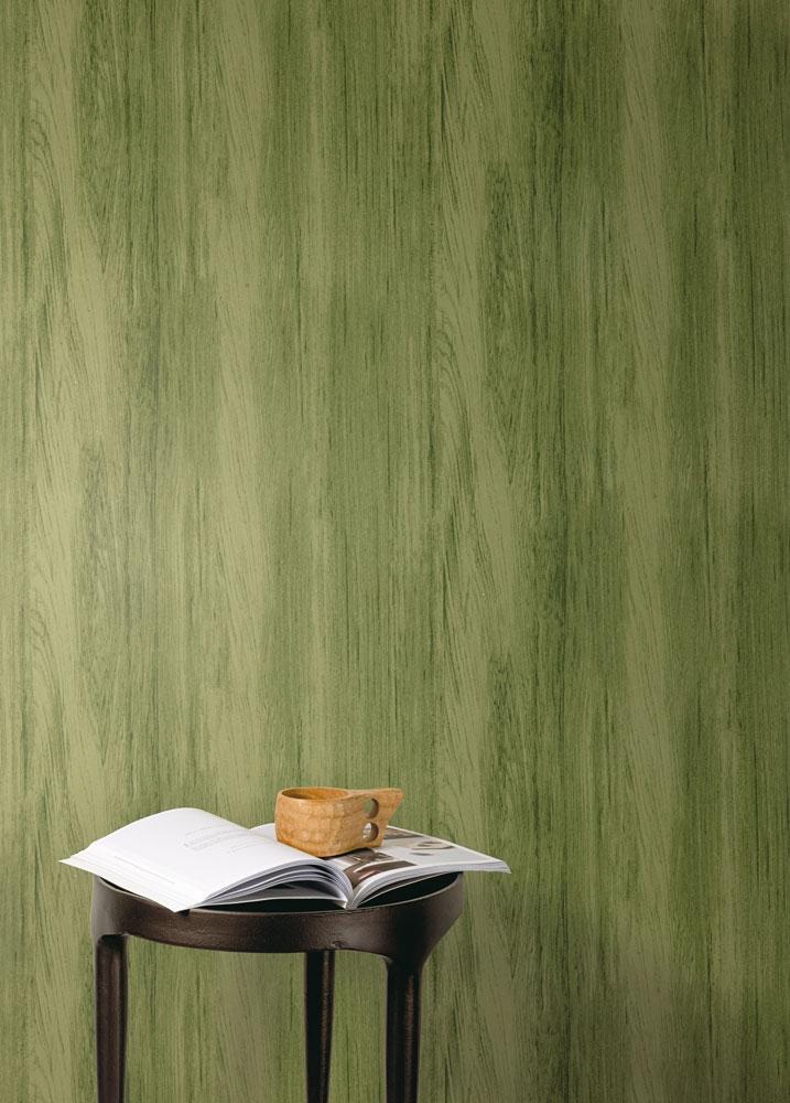 Wood greenery tapet med träimitation mönster i grön. Från kollektionen lotus. Nonwoven-material.