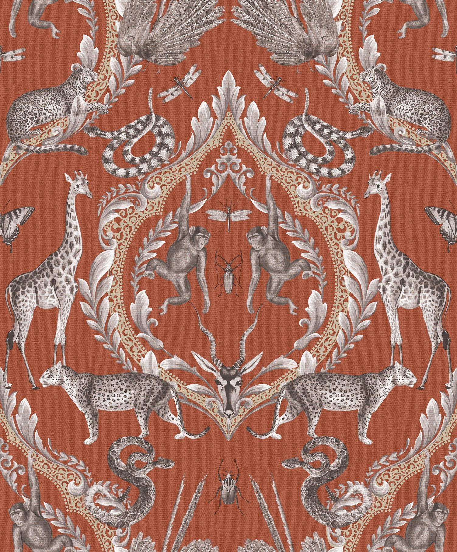 Menagerie tapet i orange tapet med djur mönster i orange. Från kollektionen bazaar. Nonwoven-material med rak passning. Passar i vardagsrum och matsal.