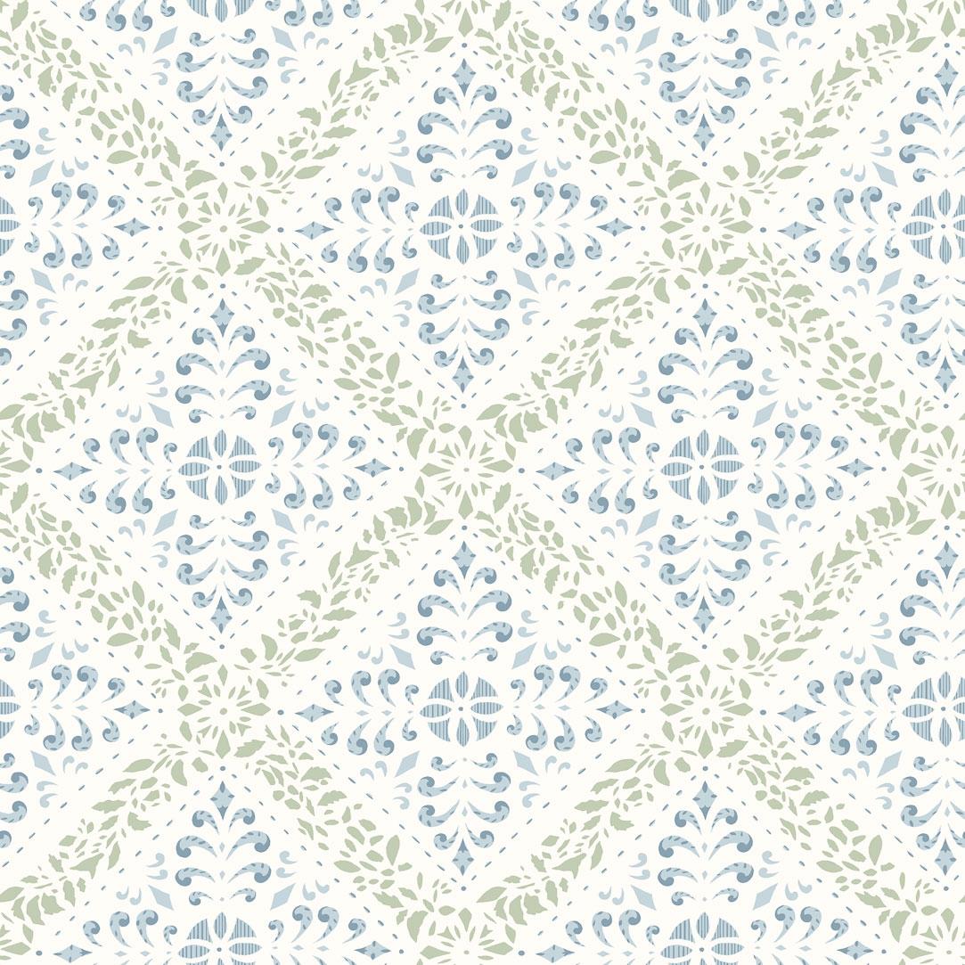 Nyborg tapet från Boråstapeter med geometriskt, blommigt mönster i vit, grön och blå. Från kollektionen anno. Nonwoven-material med rak passning. Passar i sovrum och matsal.