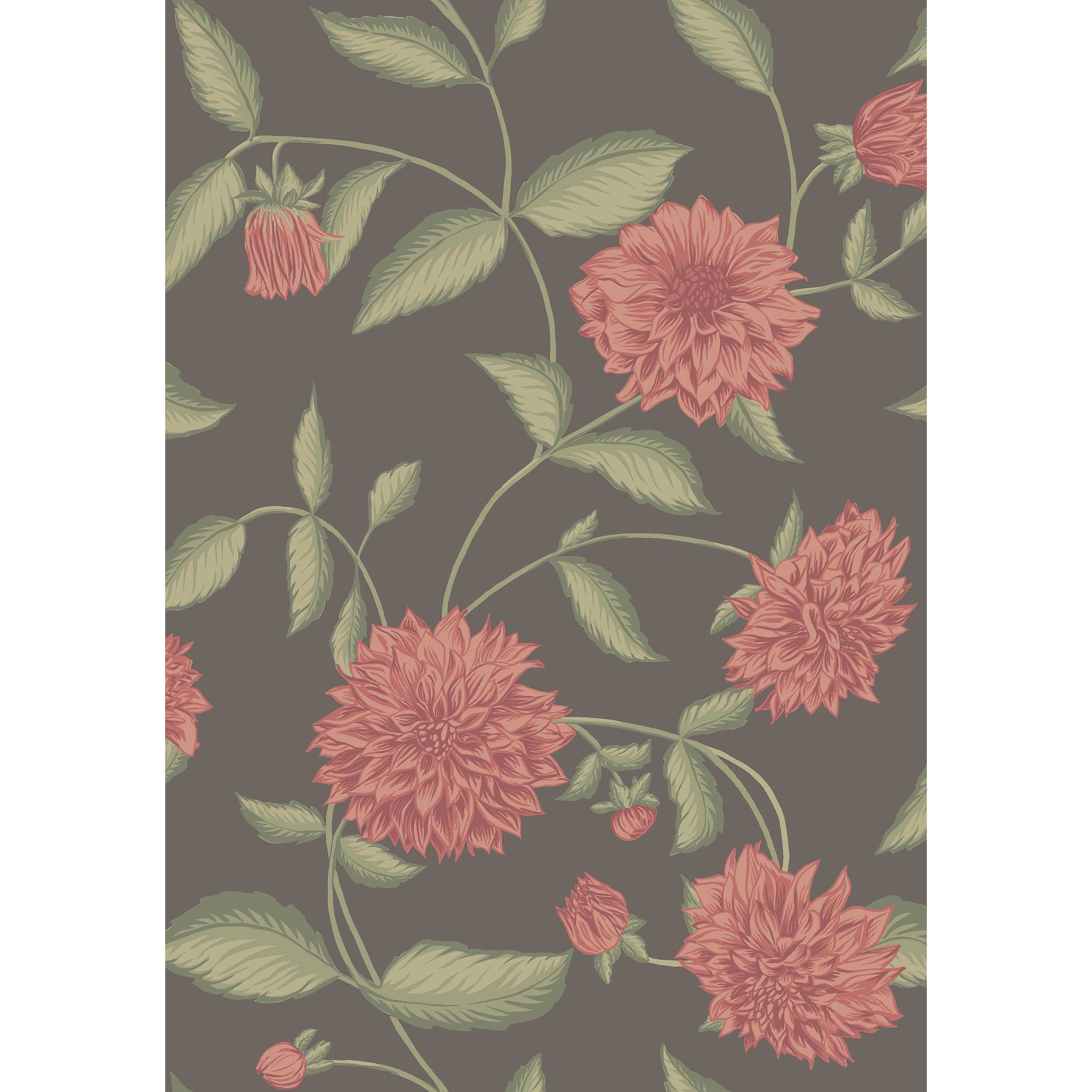 Dahliadröm brun, tapet tapet med botaniskt, blommigt mönster i brun. Från kollektionen Orangeri. Nonwoven-material med förskjuten passning. Passar i hall.
