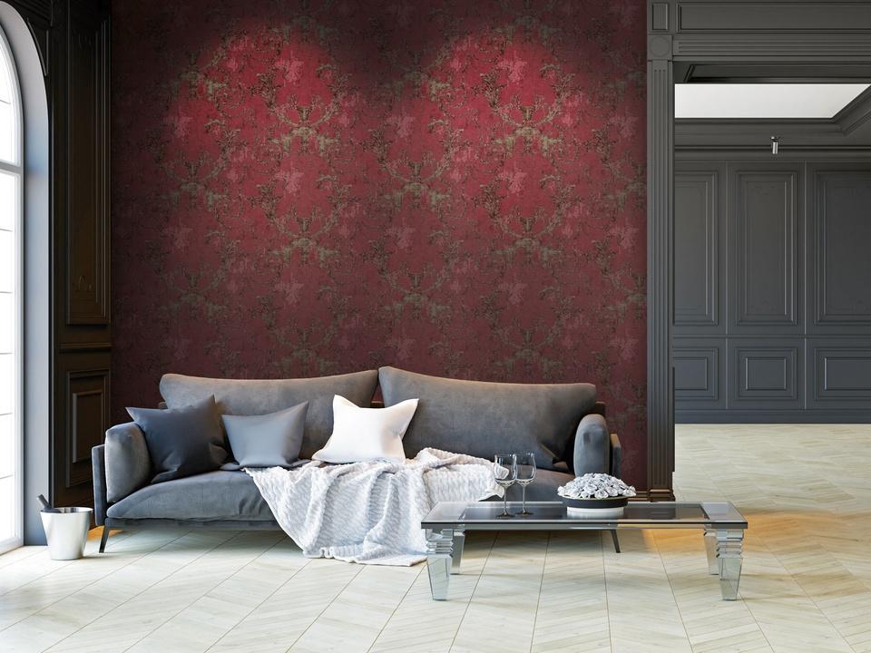 Vintage Medallion, strukturtapet i röd tapet med medaljonger mönster i röd. Från kollektionen history of art. Nonwoven-material med förskjuten passning. Passar i vardagsrum och matsal.