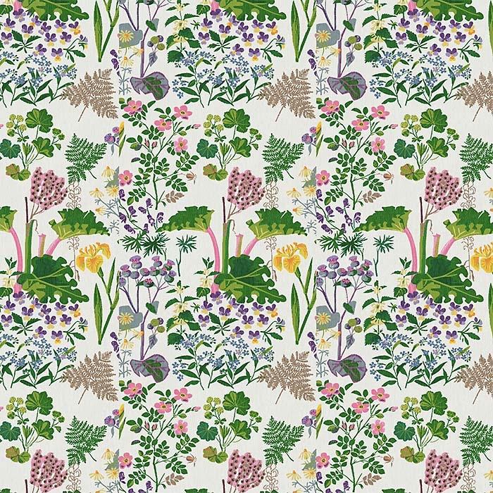 Rabarber, ljus botten tapet från Boråstapeter med botaniskt, retro mönster i vit, rosa och grön. Från kollektionen Scandinavian Designers II. Nonwoven-material med förskjuten passning. Vintage, country-stil.