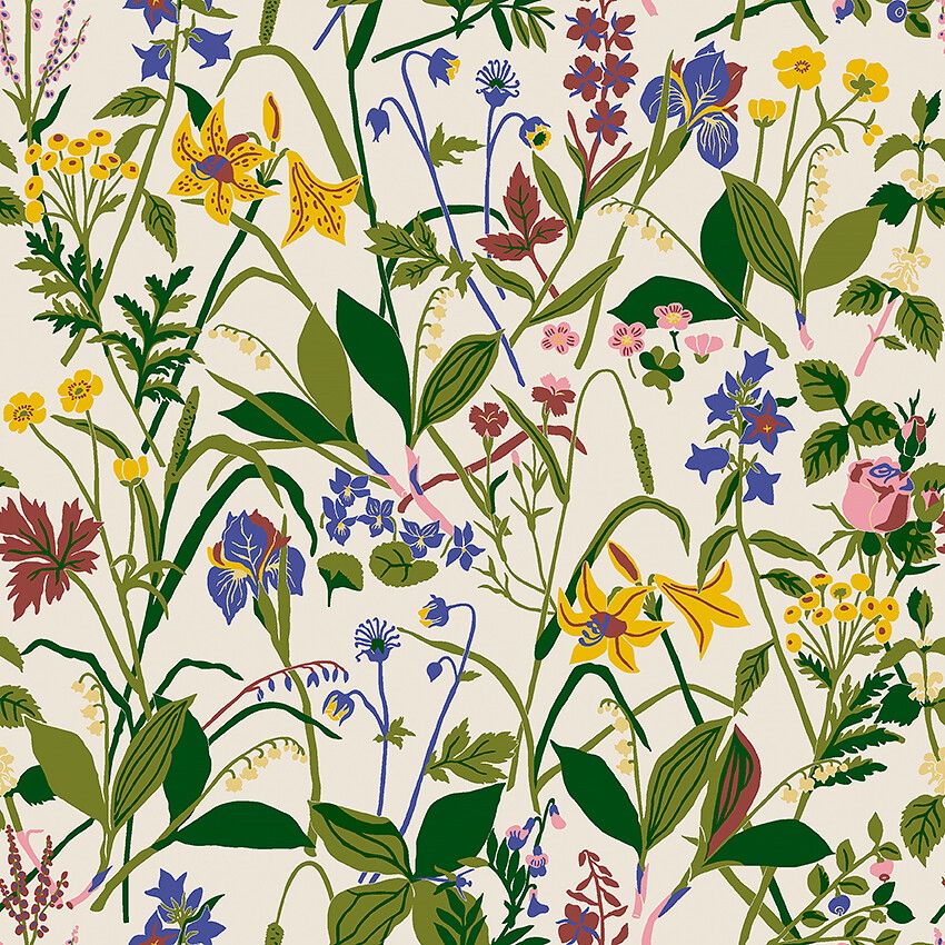 Gocken Jobs Ros och Lilja tapet med botaniskt, blommigt, retro mönster i vit. Från kollektionen Scandinavian Designers III. Nonwoven-material med rak passning.