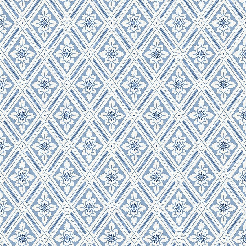 Ester, tapet tapet med medaljonger, trellis mönster i vit och blå. Från kollektionen Blue & White. Nonwoven-material med förskjuten passning. Passar i vardagsrum.