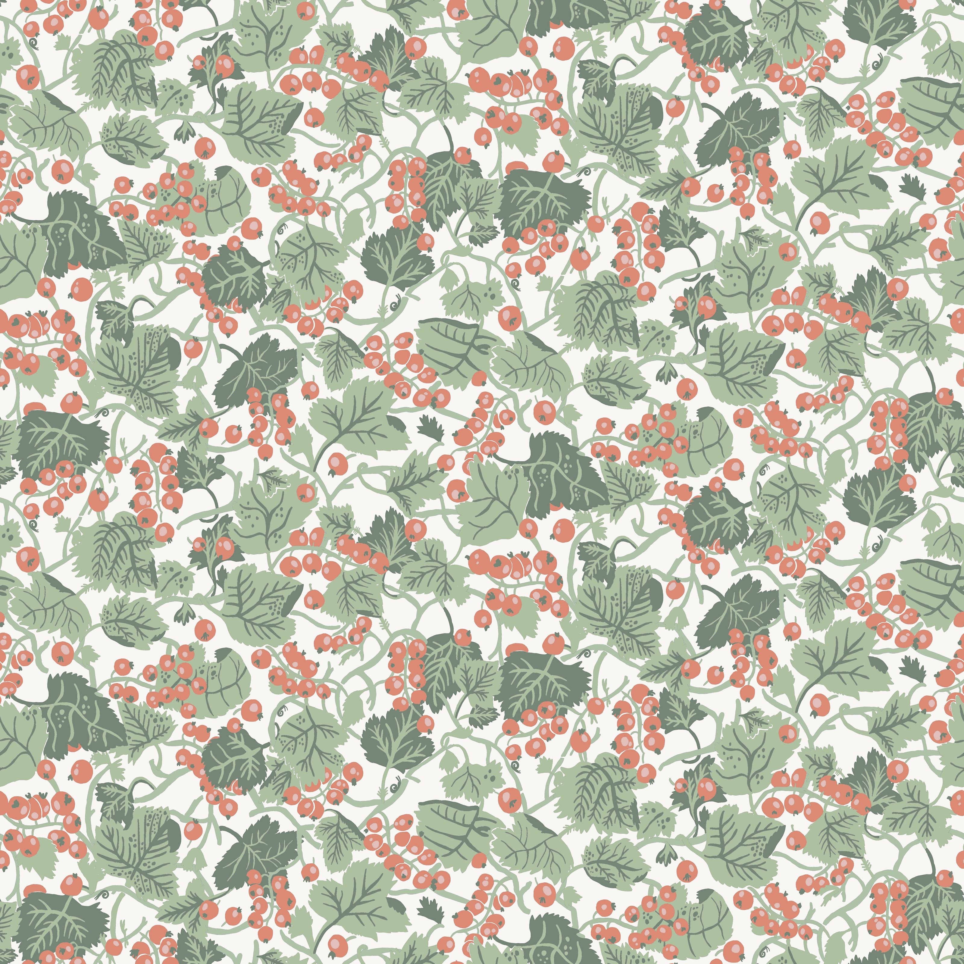 Klara o Tove vinbärsplock vit, tapet tapet med botaniskt mönster i vit. Från kollektionen Klara o Tove. Nonwoven-material med rak passning. Passar i vardagsrum, sovrum och hall.