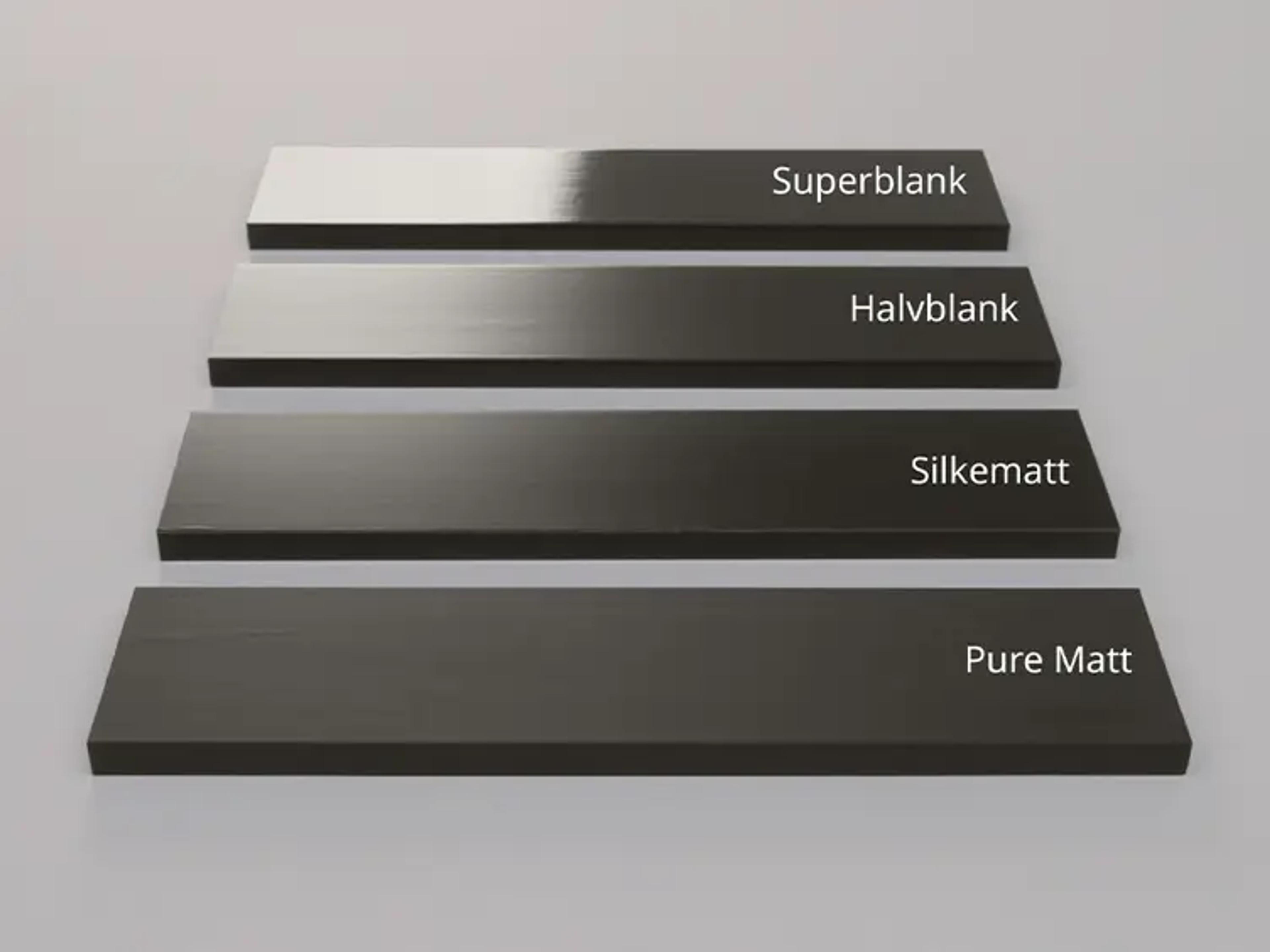 Four dark gray panels demonstrate finishes from highly glossy ("Superblank") to completely matte ("Pure Matt"), including "Halvblank" and "Silkematt."​​​​‌﻿‍﻿​‍​‍‌‍﻿﻿‌﻿​‍‌‍‍‌‌‍‌﻿‌‍‍‌‌‍﻿‍​‍​‍​﻿‍‍​‍​‍‌﻿​﻿‌‍​‌‌‍﻿‍‌‍‍‌‌﻿‌​‌﻿‍‌​‍﻿‍‌‍‍‌‌‍﻿﻿​‍​‍​‍﻿​​‍​‍‌‍‍​‌﻿​‍‌‍‌‌‌‍‌‍​‍​‍​﻿‍‍​‍​‍‌‍‍​‌﻿‌​‌﻿‌​‌﻿​​‌﻿​﻿​﻿‍‍​‍﻿﻿​‍﻿﻿‌﻿‌﻿‌﻿‌﻿‌﻿‌﻿​‍﻿‍‌‍​﻿‌‍﻿﻿‌‍﻿​‌‍﻿﻿‌﻿​‍‌‍​‌‌‍﻿‌‌‍​‌​‍﻿‍‌﻿​﻿‌‍‌‌​‍﻿﻿‌﻿​﻿‌﻿‌​‌﻿‌‌‌‍‌​‌‍‍‌‌‍﻿﻿​‍﻿﻿‌‍‍‌‌‍﻿‍‌﻿‌​‌‍‌‌‌‍﻿‍‌﻿‌​​‍﻿﻿‌‍‌‌‌‍‌​‌‍‍‌‌﻿‌​​‍﻿﻿‌‍﻿‌‌‍﻿﻿‌‍‌​‌‍‌‌​﻿﻿‌‌﻿​​‌﻿​‍‌‍‌‌‌﻿​﻿‌‍‌‌‌‍﻿‍‌﻿‌​‌‍​‌‌﻿‌​‌‍‍‌‌‍﻿﻿‌‍﻿‍​﻿‍﻿‌‍‍‌‌‍‌​​﻿﻿‌​﻿‌﻿​﻿‌‌‌‍​‍‌‍​‍​﻿‌﻿​﻿‌‌​﻿​​‌‍​‍​‍﻿‌​﻿‍​​﻿‌‍​﻿‍‌‌‍​‌​‍﻿‌​﻿‌​​﻿​‍​﻿‌﻿​﻿​﻿​‍﻿‌‌‍​‍​﻿‌﻿​﻿​‍​﻿‍​​‍﻿‌‌‍​﻿‌‍​﻿‌‍​‌‌‍‌‌​﻿‍​‌‍‌‌‌‍​‍‌‍​‌‌‍‌​​﻿​‌‌‍​﻿​﻿​﻿​﻿‍﻿‌﻿‌​‌﻿‍‌‌﻿​​‌‍‌‌​﻿﻿‌‌‍​﻿‌‍﻿﻿‌‍﻿‍‌﻿‌​‌‍‌‌‌‍﻿‍‌﻿‌​‌‌​​‌‍​‌‌‍‌﻿‌‍‌‌​﻿‍﻿‌﻿​​‌‍​‌‌﻿‌​‌‍‍​​﻿﻿‌‌‍​﻿‌‍﻿﻿‌‍﻿‍‌﻿‌​‌‍‌‌‌‍﻿‍‌﻿‌​‌​​‍‌‍﻿​‌‍﻿﻿‌‍​﻿‌‍‍﻿‌﻿​﻿​‍‌‌​﻿‌‌‌​​‍‌‌﻿﻿‌‍‍﻿‌‍‌‌‌﻿‍‌​‍‌‌​﻿​﻿‌​‌​​‍‌‌​﻿​﻿‌​‌​​‍‌‌​﻿​‍​﻿​‍​﻿‌‌​﻿‌‍​﻿‌‍​﻿‌‍‌‍‌‌‌‍​‍‌‍​‌​﻿‍​‌‍‌​​﻿‌​‌‍‌‍​﻿​‍​‍‌‌​﻿​‍​﻿​‍​‍‌‌​﻿‌‌‌​‌​​‍﻿‍‌‍﻿‌‌‍‌‌‌‍‌​‌‍‍‌‌‍​‌​‍﻿‍‌‍‍‌‌‍﻿‌‌‍​‌‌‍‌﻿‌‍‌‌​‍﻿‍‌‍​‌‌‍﻿​‌﻿‌​‌‌‌​‌‍‌‌‌﻿‍​‌﻿‌​​﻿﻿﻿‌‍​‍‌‍​‌‌﻿​﻿‌‍‌‌‌‌‌‌‌﻿​‍‌‍﻿​​﻿﻿‌‌‍‍​‌﻿‌​‌﻿‌​‌﻿​​‌﻿​﻿​‍‌‌​﻿​﻿‌​​‌​‍‌‌​﻿​‍‌​‌‍​‍‌‌​﻿​‍‌​‌‍‌﻿‌﻿‌﻿‌﻿‌﻿‌﻿​‍﻿‍‌‍​﻿‌‍﻿﻿‌‍﻿​‌‍﻿﻿‌﻿​‍‌‍​‌‌‍﻿‌‌‍​‌​‍﻿‍‌﻿​﻿‌‍‌‌​‍‌‌​﻿​‍‌​‌‍‌﻿​﻿‌﻿‌​‌﻿‌‌‌‍‌​‌‍‍‌‌‍﻿﻿​‍‌‍‌‍‍‌‌‍‌​​﻿﻿‌​﻿‌﻿​﻿‌‌‌‍​‍‌‍​‍​﻿‌﻿​﻿‌‌​﻿​​‌‍​‍​‍﻿‌​﻿‍​​﻿‌‍​﻿‍‌‌‍​‌​‍﻿‌​﻿‌​​﻿​‍​﻿‌﻿​﻿​﻿​‍﻿‌‌‍​‍​﻿‌﻿​﻿​‍​﻿‍​​‍﻿‌‌‍​﻿‌‍​﻿‌‍​‌‌‍‌‌​﻿‍​‌‍‌‌‌‍​‍‌‍​‌‌‍‌​​﻿​‌‌‍​﻿​﻿​﻿​‍‌‍‌﻿‌​‌﻿‍‌‌﻿​​‌‍‌‌​﻿﻿‌‌‍​﻿‌‍﻿﻿‌‍﻿‍‌﻿‌​‌‍‌‌‌‍﻿‍‌﻿‌​‌‌​​‌‍​‌‌‍‌﻿‌‍‌‌​‍‌‍‌﻿​​‌‍​‌‌﻿‌​‌‍‍​​﻿﻿‌‌‍​﻿‌‍﻿﻿‌‍﻿‍‌﻿‌​‌‍‌‌‌‍﻿‍‌﻿‌​‌​​‍‌‍﻿​‌‍﻿﻿‌‍​﻿‌‍‍﻿‌﻿​﻿​‍‌‌​﻿‌‌‌​​‍‌‌﻿﻿‌‍‍﻿‌‍‌‌‌﻿‍‌​‍‌‌​﻿​﻿‌​‌​​‍‌‌​﻿​﻿‌​‌​​‍‌‌​﻿​‍​﻿​‍​﻿‌‌​﻿‌‍​﻿‌‍​﻿‌‍‌‍‌‌‌‍​‍‌‍​‌​﻿‍​‌‍‌​​﻿‌​‌‍‌‍​﻿​‍​‍‌‌​﻿​‍​﻿​‍​‍‌‌​﻿‌‌‌​‌​​‍﻿‍‌‍﻿‌‌‍‌‌‌‍‌​‌‍‍‌‌‍​‌​‍﻿‍‌‍‍‌‌‍﻿‌‌‍​‌‌‍‌﻿‌‍‌‌​‍﻿‍‌‍​‌‌‍﻿​‌﻿‌​‌‌‌​‌‍‌‌‌﻿‍​‌﻿‌​​‍‌‍‌﻿​​‌‍‌‌‌﻿​‍‌﻿​﻿‌﻿​​‌‍‌‌‌‍​﻿‌﻿‌​‌‍‍‌‌﻿‌‍‌‍‌‌​﻿﻿‌‌﻿​​‌﻿‌‌‌‍​‍‌‍﻿​‌‍‍‌‌﻿​﻿‌‍‍​‌‍‌‌‌‍‌​​‍​‍‌﻿﻿‌