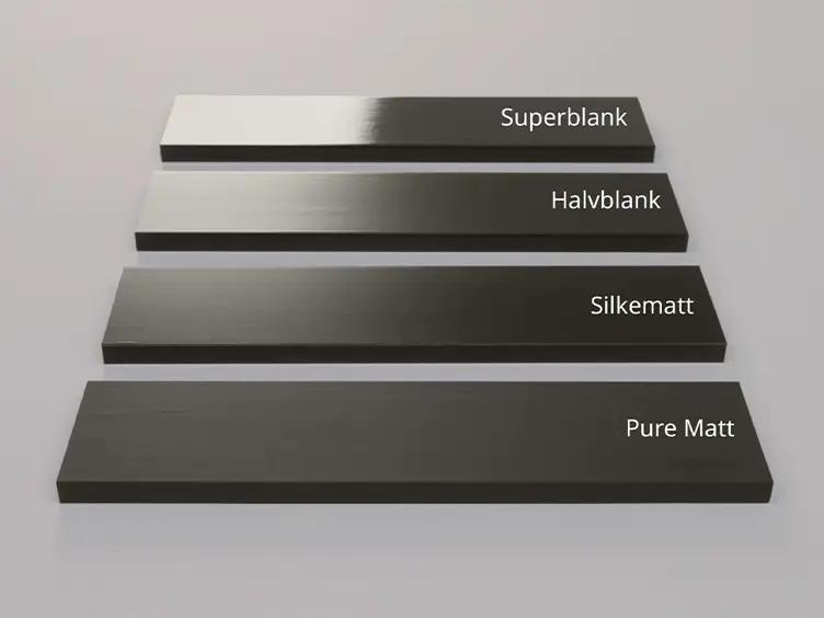 Four dark gray panels demonstrate finishes from highly glossy ("Superblank") to completely matte ("Pure Matt"), including "Halvblank" and "Silkematt."