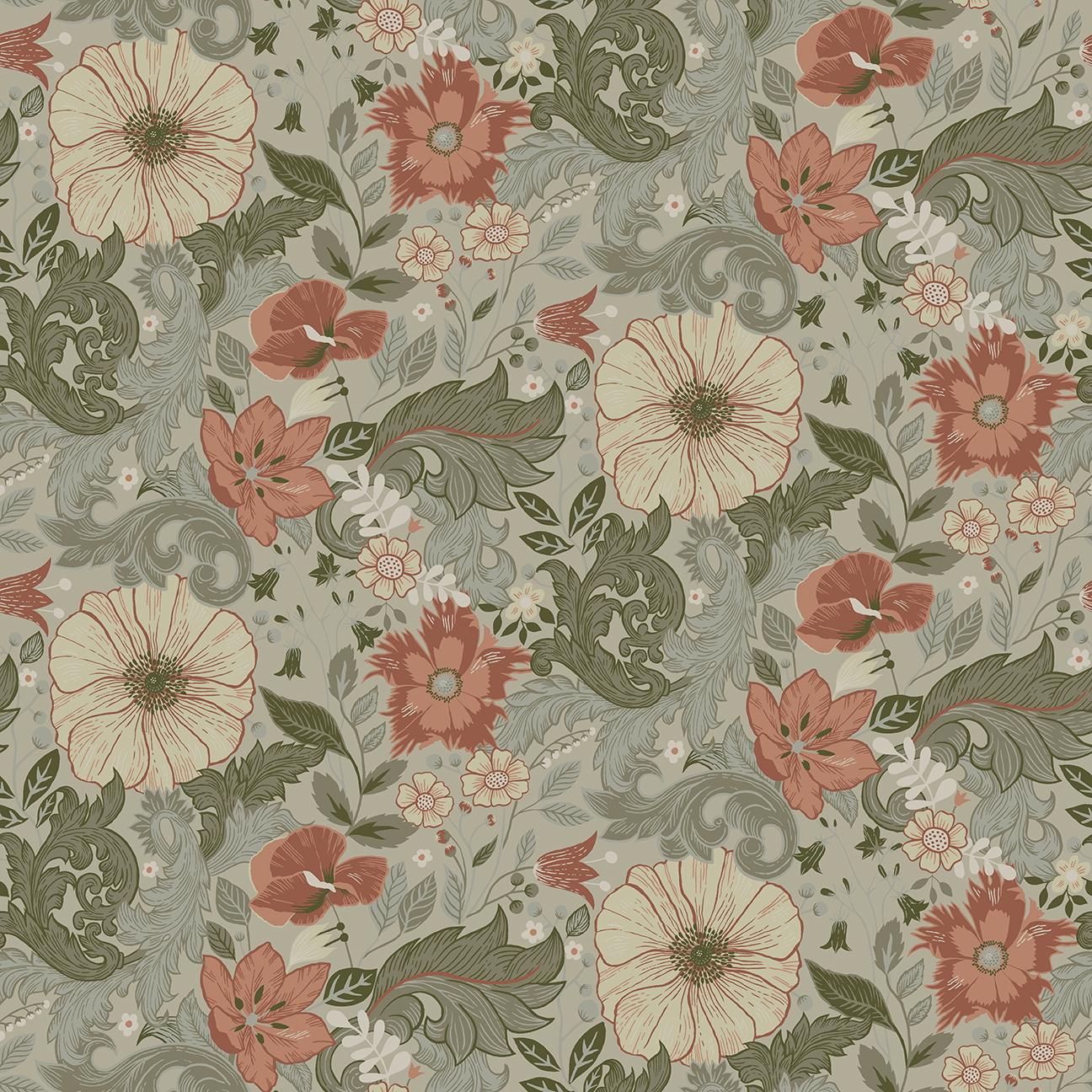 Victor tapet med blommigt mönster i grön. Från kollektionen Ängås. Nonwoven-material med rak passning.