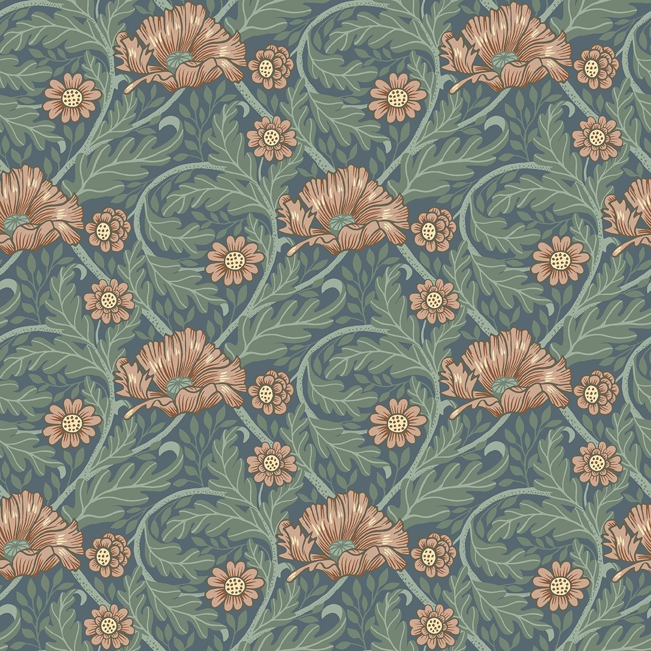 Esther tapet med blommigt mönster i brun och blå. Från kollektionen Ängås. Nonwoven-material med rak passning.