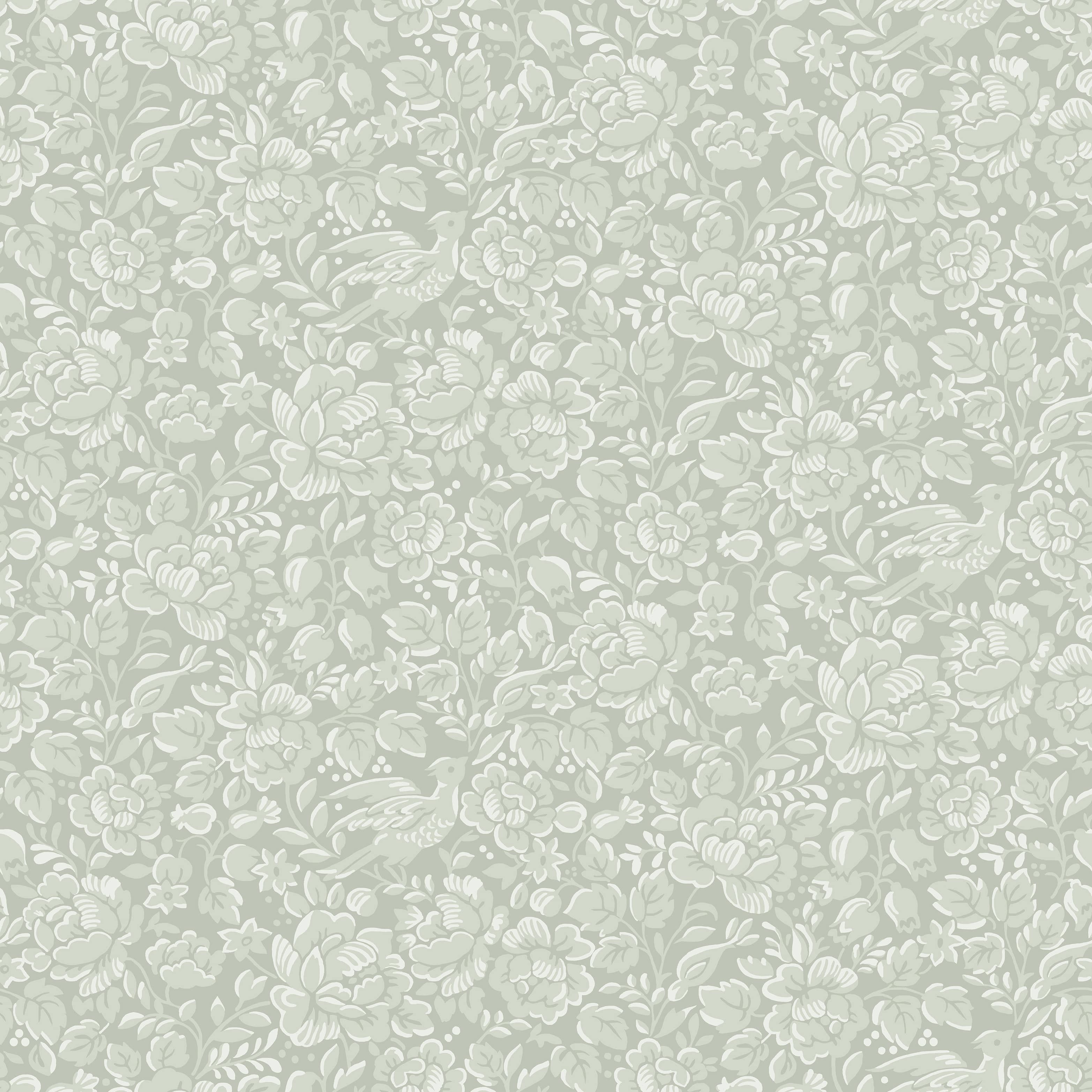 Jenny, ljusgrön tapet med botaniskt mönster i grön. Från kollektionen Blommor & Blad. Nonwoven-material med förskjuten passning.