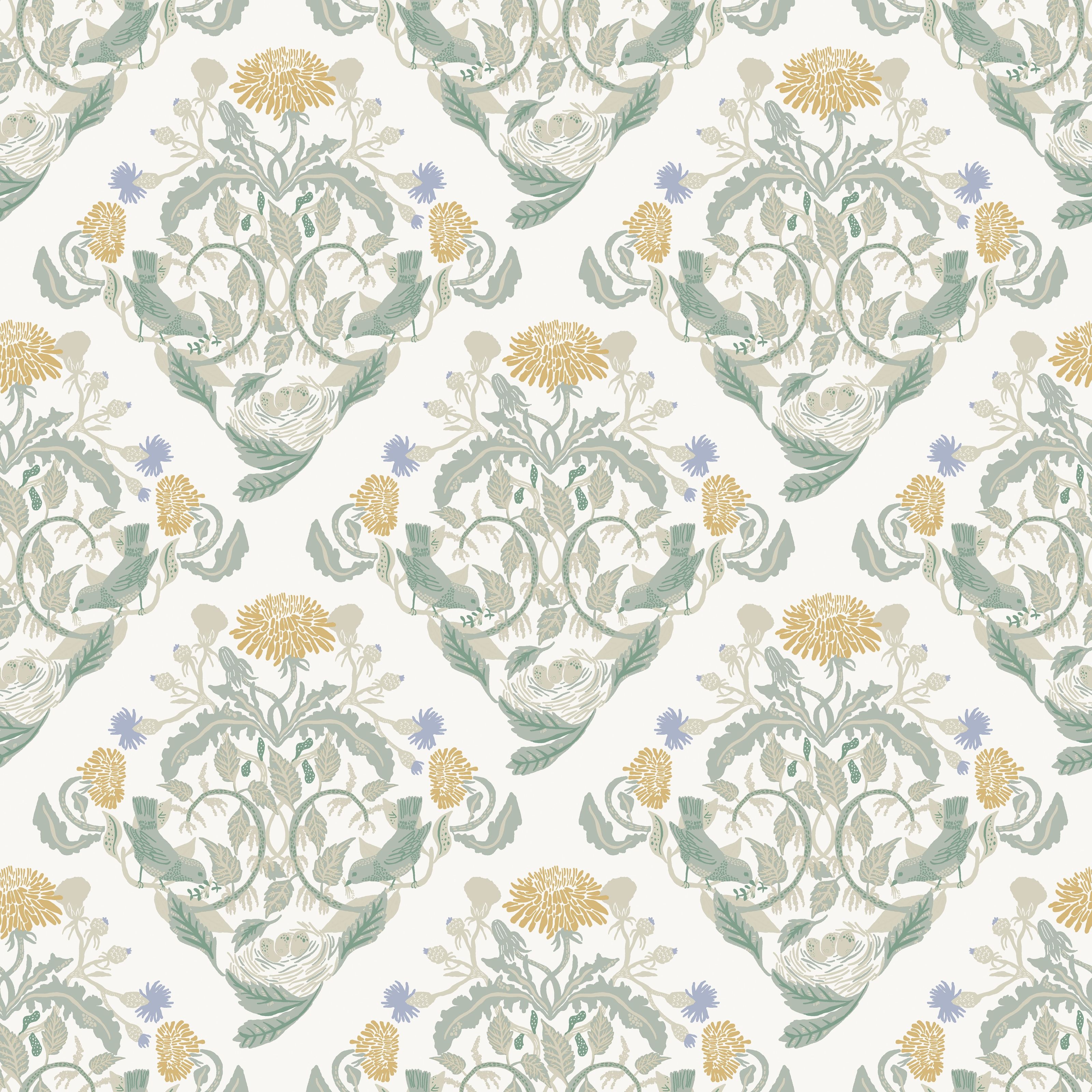 Klara o Tove frodas gul, tapet tapet med blommigt mönster i vit och gul. Från kollektionen Klara o Tove. Nonwoven-material med rak passning. Passar i vardagsrum, sovrum och hall.